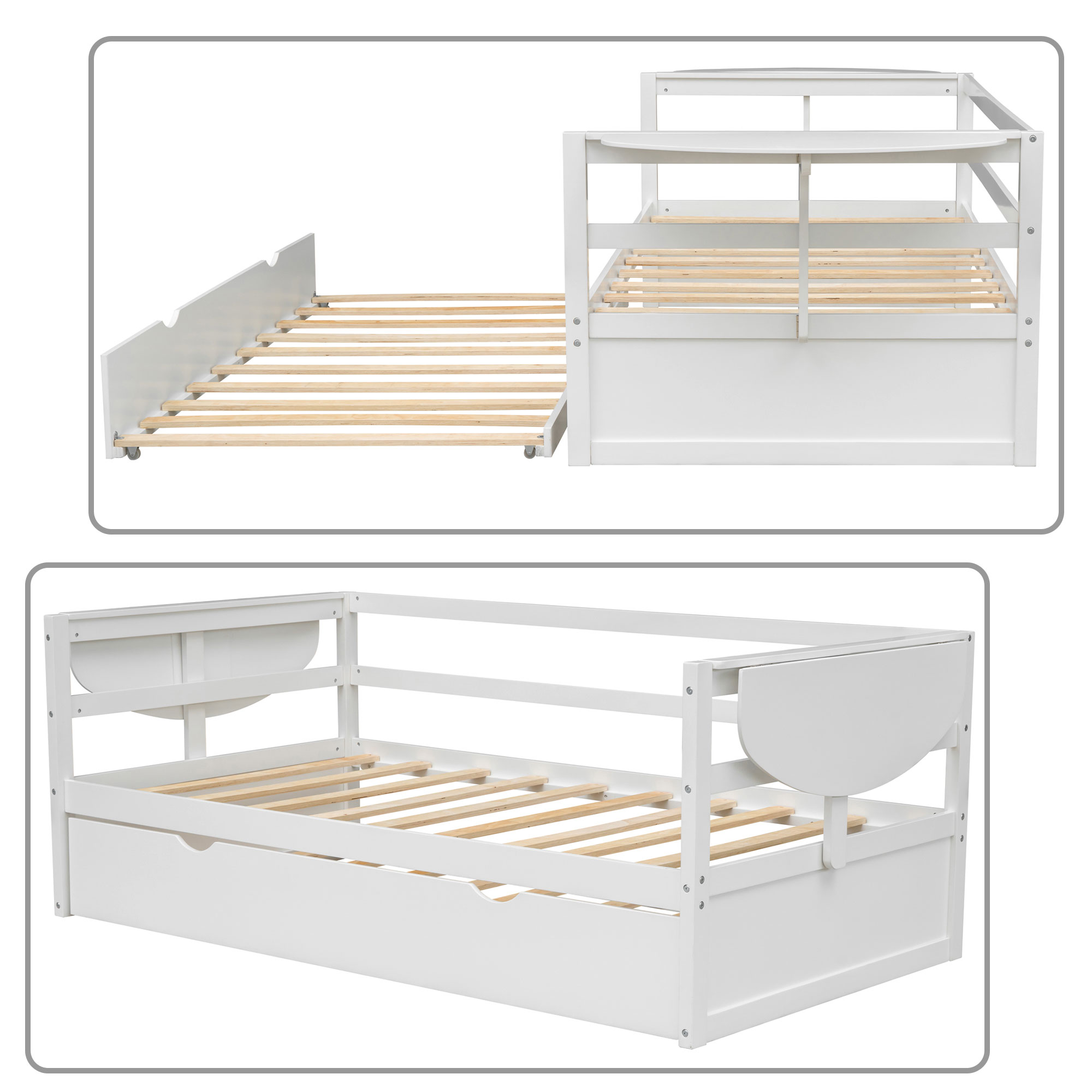 Classic Style Twin Size Daybed with A Trundle and Foldable Shelves, White