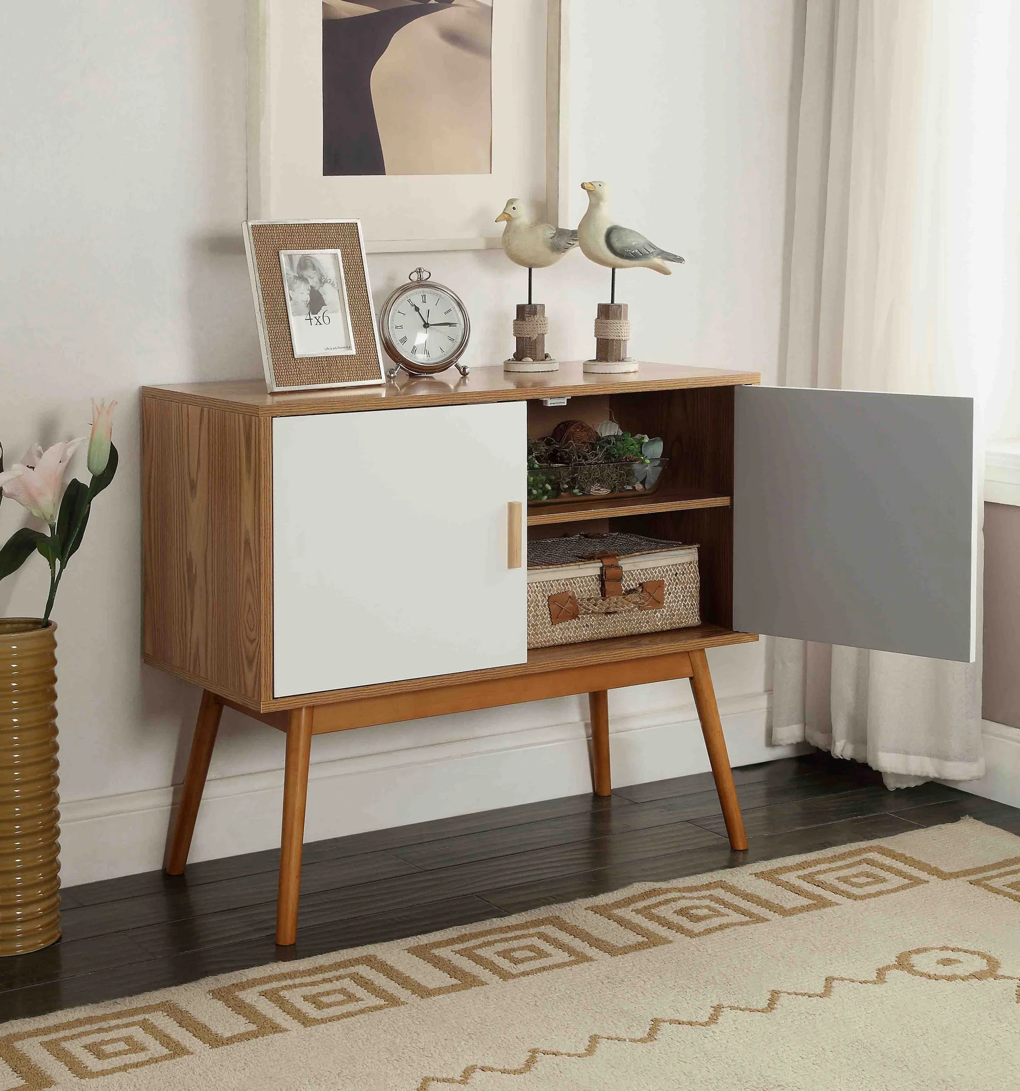 Convenience Concepts Oslo Storage Console with Cabinet and Shelves, White/Natural