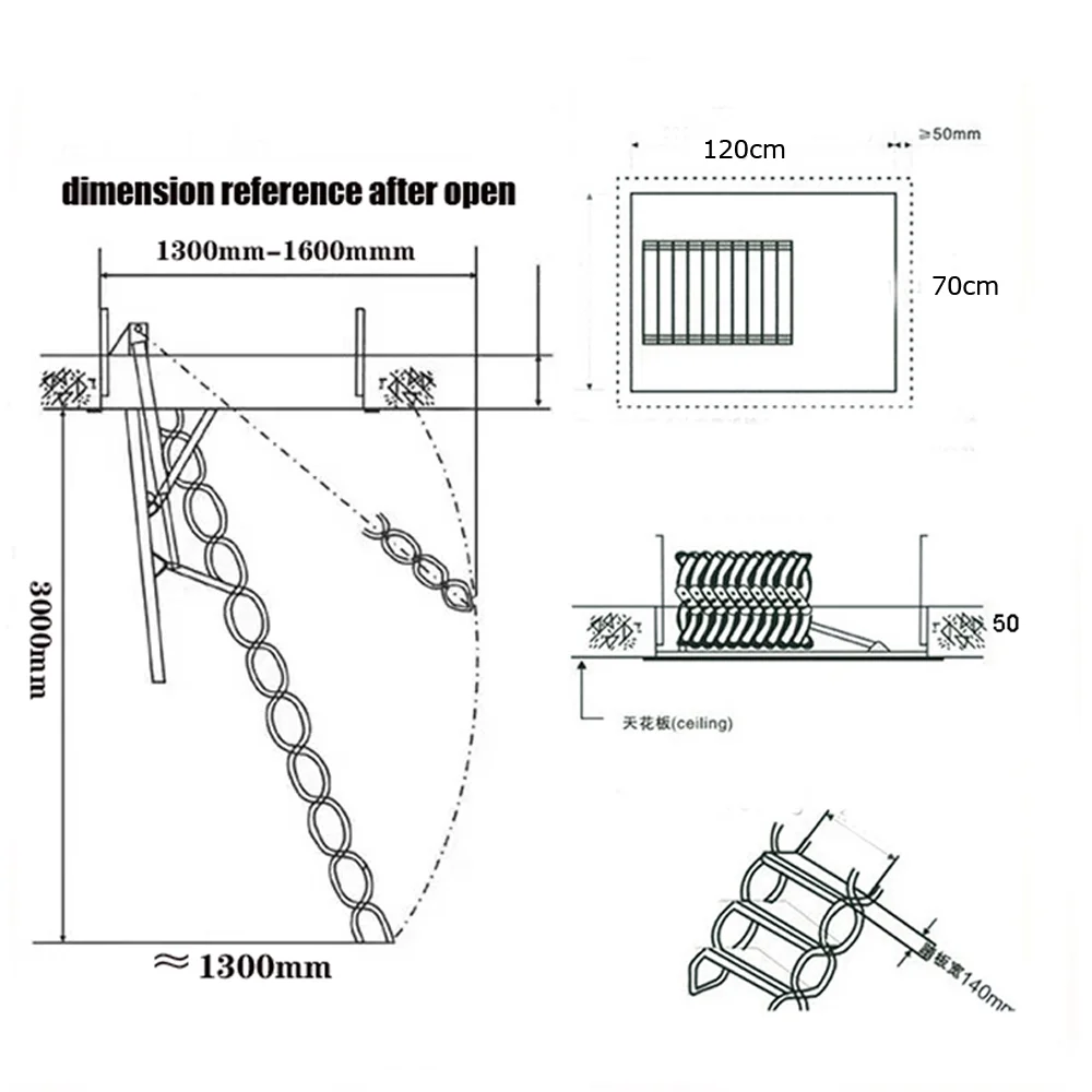 Techtongda Heavy Duty Steel Metal Loft Wall Ladder Stairs Attic Folding Ladder Carbon Steel at Black-White 27.6 x 47.2inch