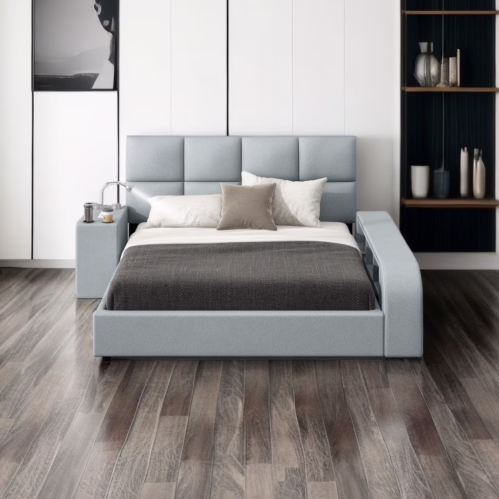 Modern Queen Size Upholstered Platform Bed with Multimedia Nightstand and Storage Shelves, Multi-Functional Storage Platform Bed with 2 Cup Holders, Bedroom Furniture