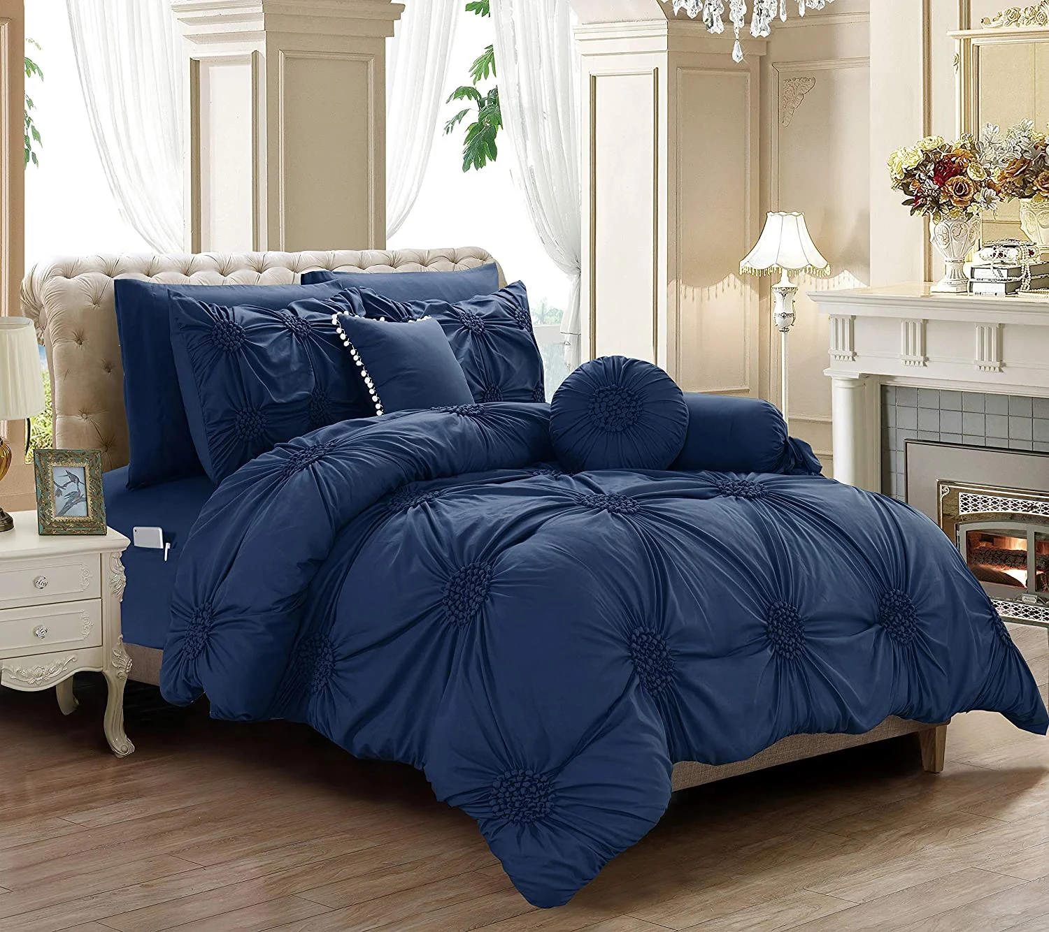10-Piece Bed-In-A-Bag Sunflower Comforter Set King/Cal King Navy Blue