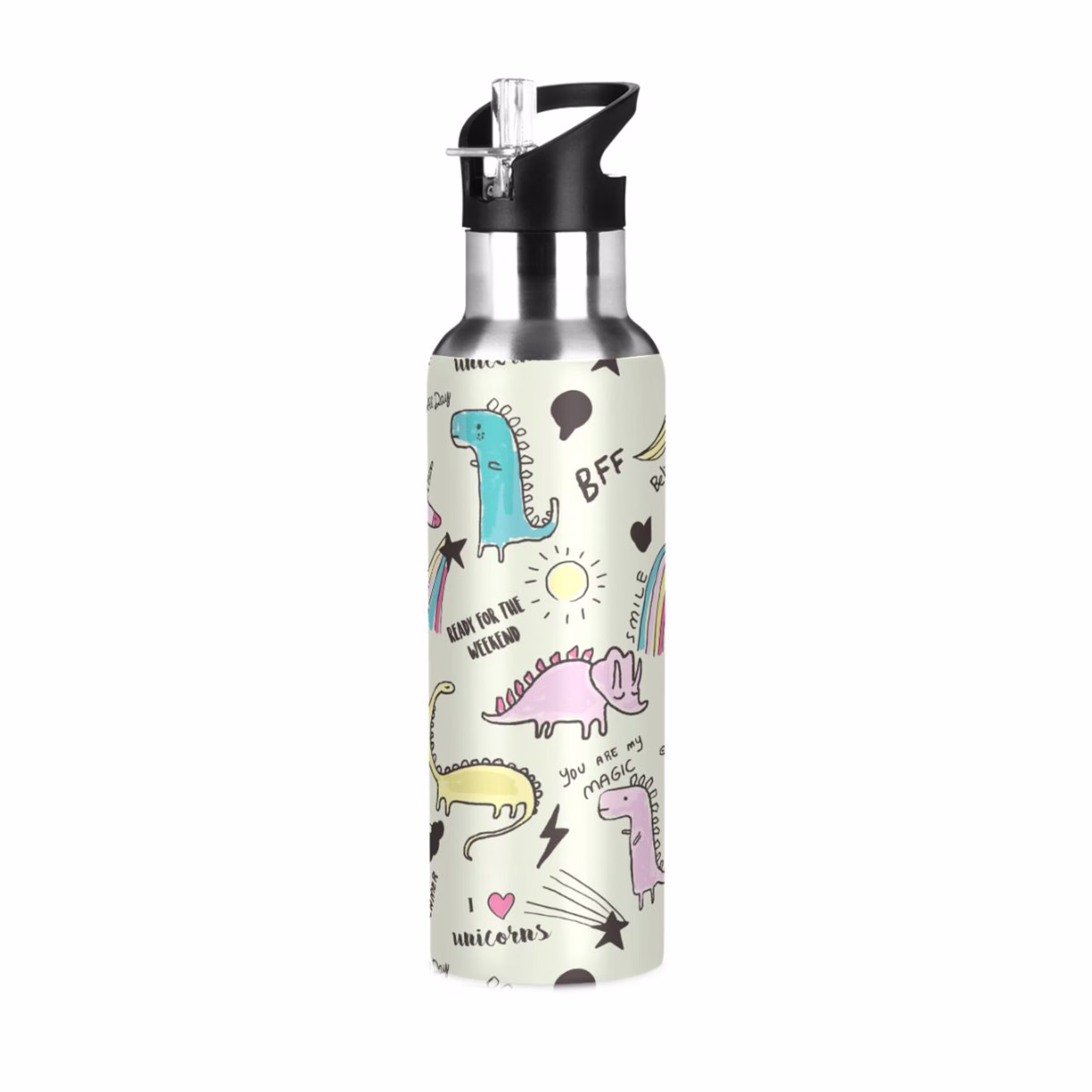 Stainless Steel Water Bottle Cute Unicorn Dinosaur with Straw Lid Vacuum Insulated Keeps Hot and Cold Leak Proof Flask Jug for Gym Travel Sports Cycling Outdoor 20 OZ