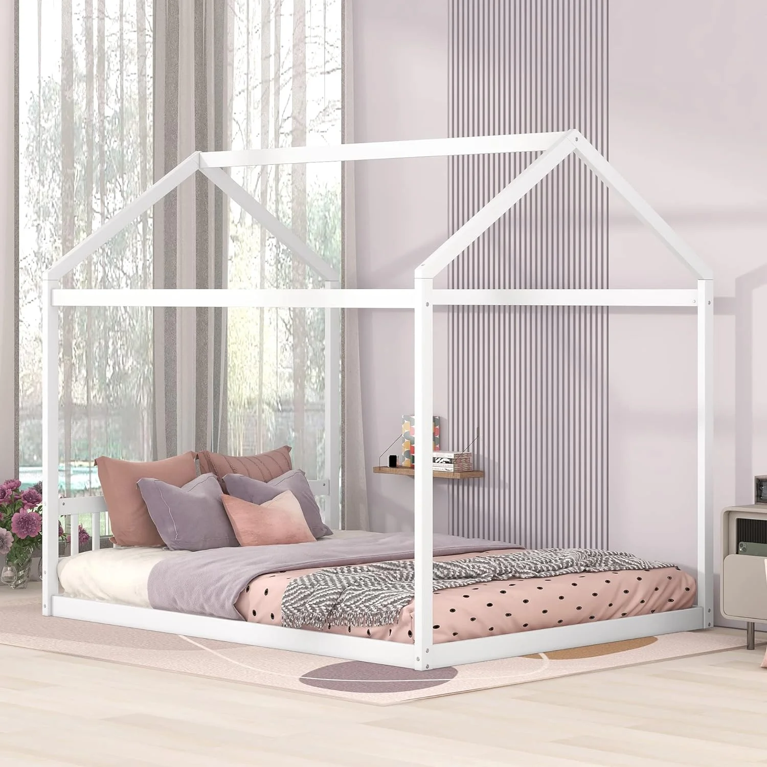 Queen House Beds, Montessori Bed Queen Size Floor Bed With Rails And Roof, Solid Wood Queen Platform Bed Frame With Headboard, For Kids Teens Girls Boys (Queen, White)