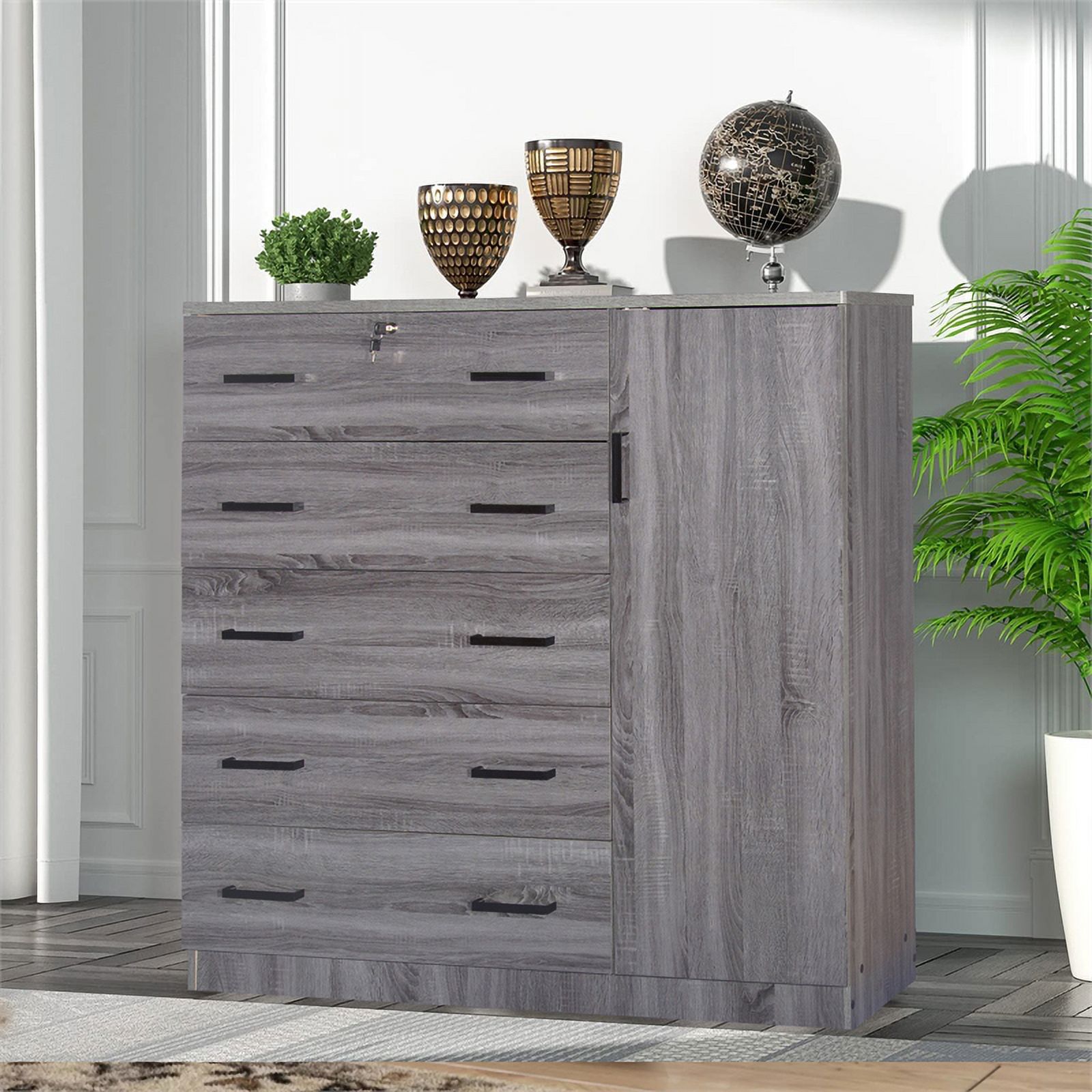 Pemberly Row 5 Drawer Wooden Tall Chest Wardrobe in Gray Finish