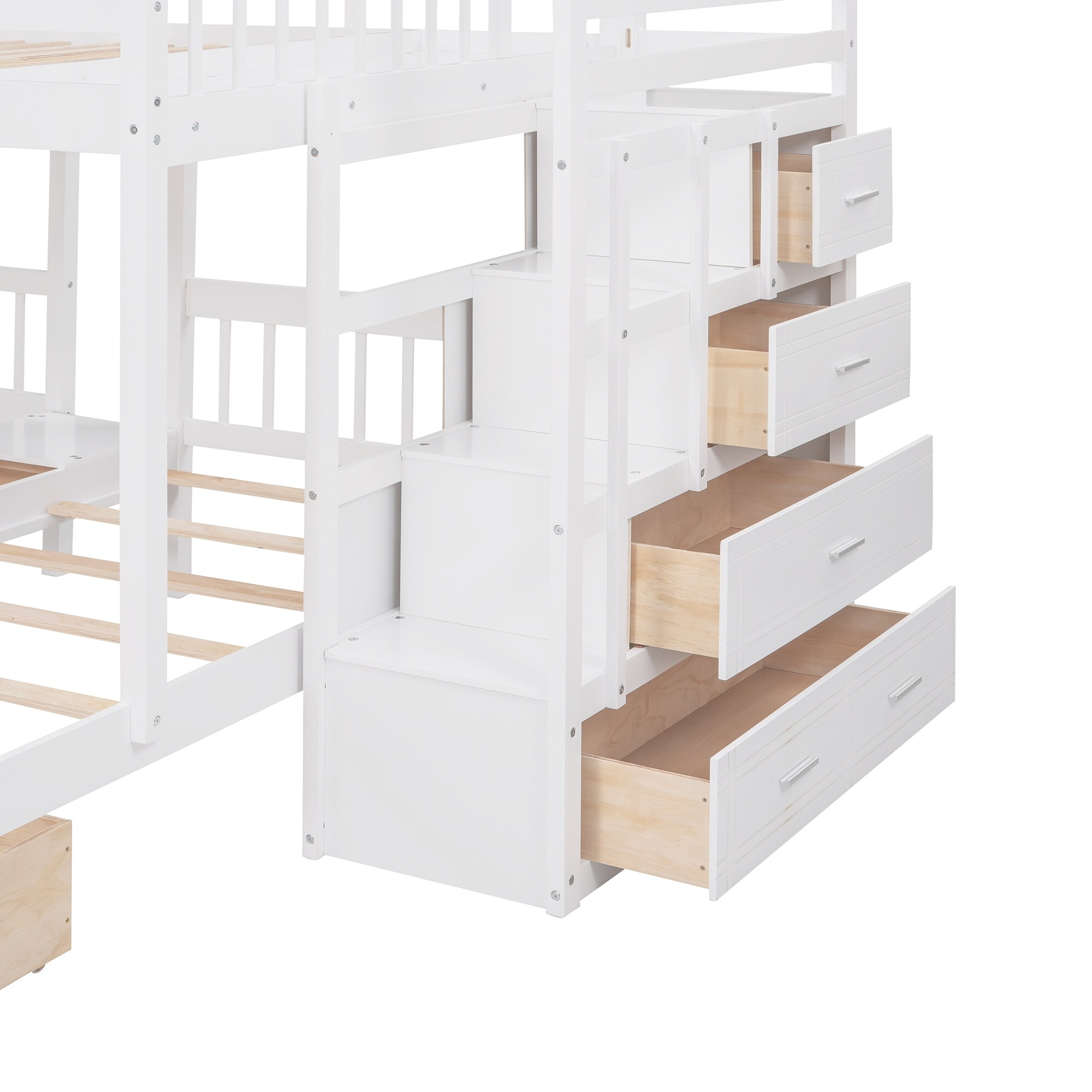 Wood Triple Bunk Bed with Guardrails, Full Over Twin & Twin Bunk Bed White