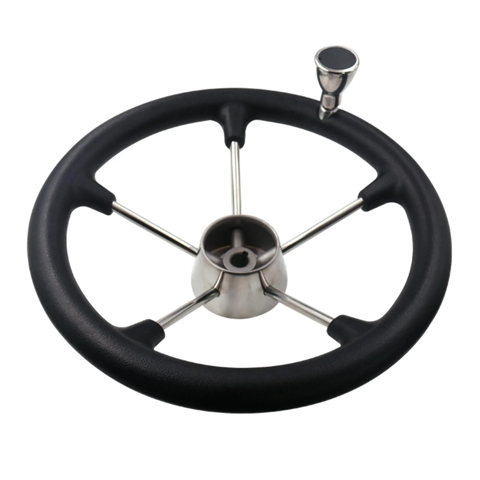 Stainless Steel Boat Steering Wheel 5 Spoke W/Turning Knob 13.98 Inches Dia. Black PU foam material grip 25 Degree to install, high performance