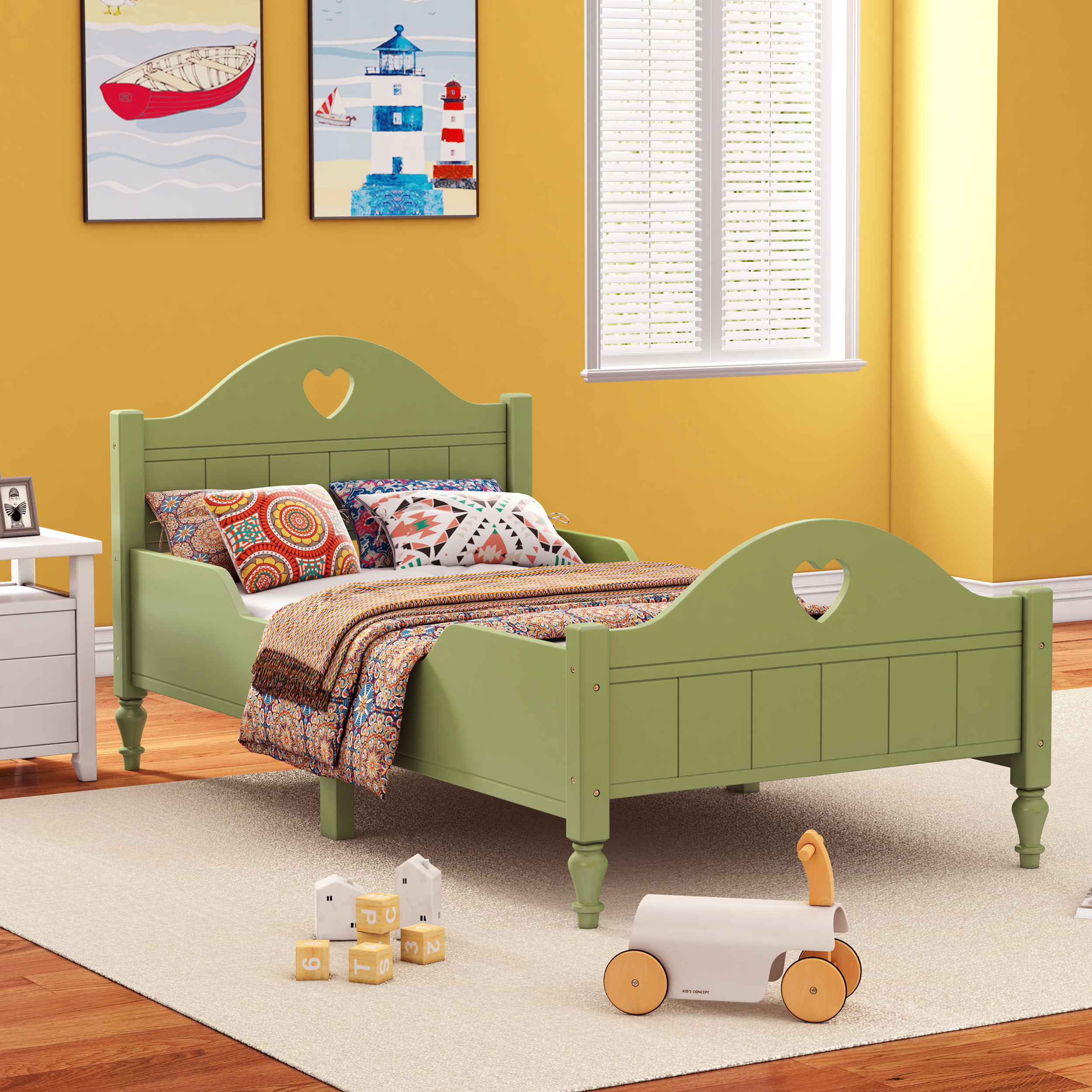SACVON Twin Size Toddler Bed with Side Safety Rails and Headboard and Footboard, Simple Assembly, Oliver Green