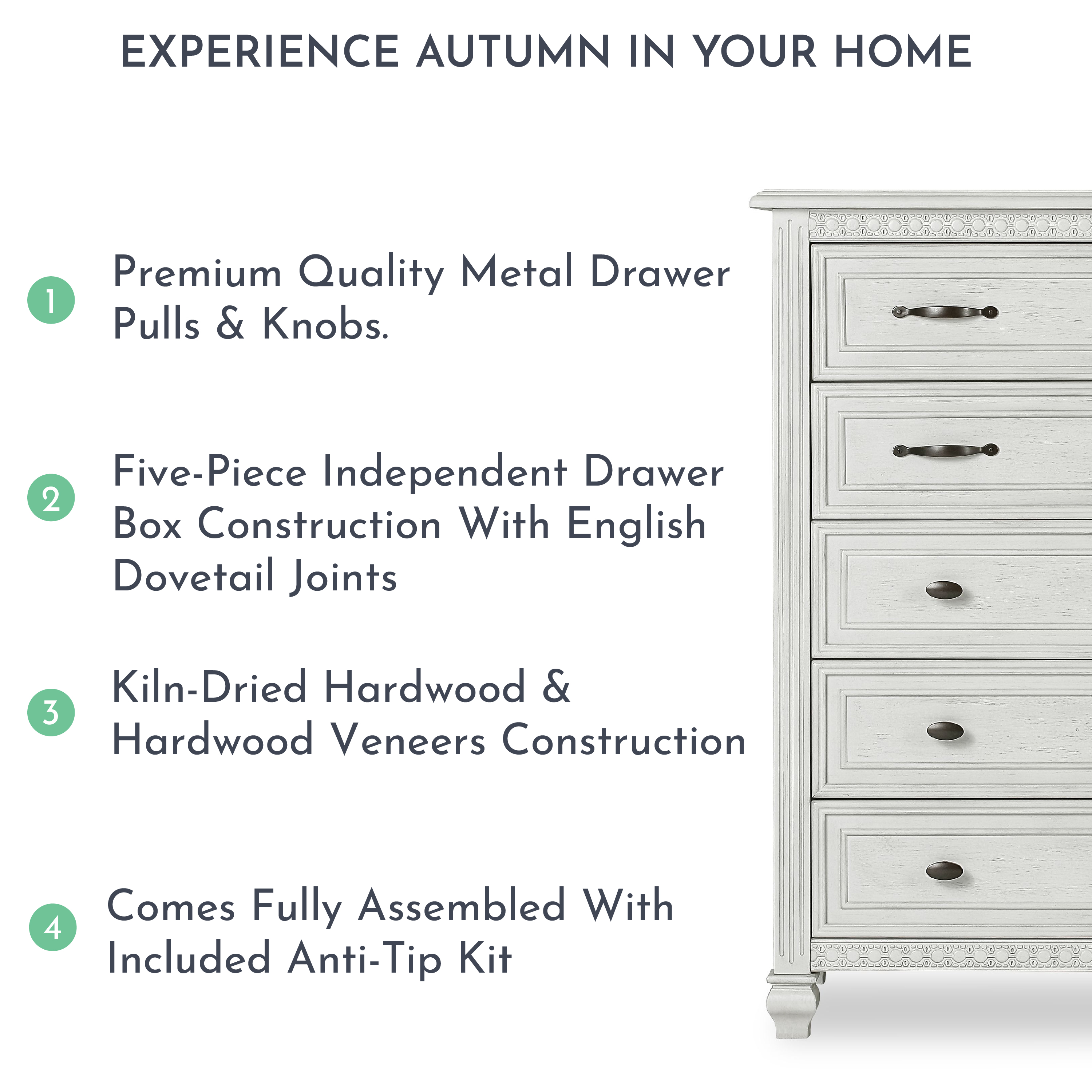 Evolur Madison Tall Chest, Antique Grey Mist, 5 Spacious Drawers