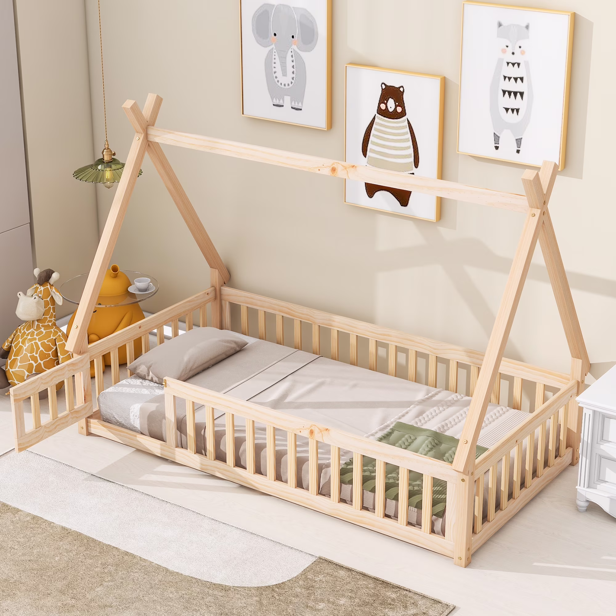 Twin Floor Bed for Kids, PAPROOS Wood Twin Size House Toddler Floor Bed with Fence and Door, Twin Size Playhouse Floor Bed, Kids House Fence Bed Wood Montessori Bed, for Toddler, Boys, Girls, Natural