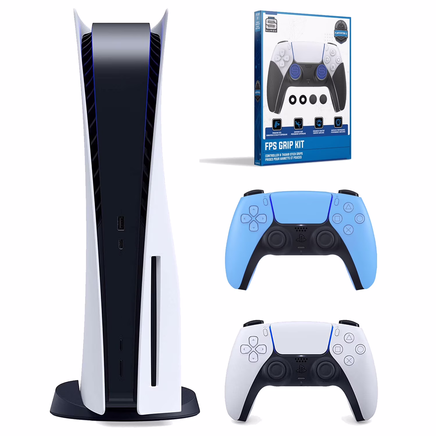 Sony Playstation 5 Disc Version Console (Japan Import) with Extra Bllue Controller and Surge FPS Grip Kit With Precision Aiming Rings