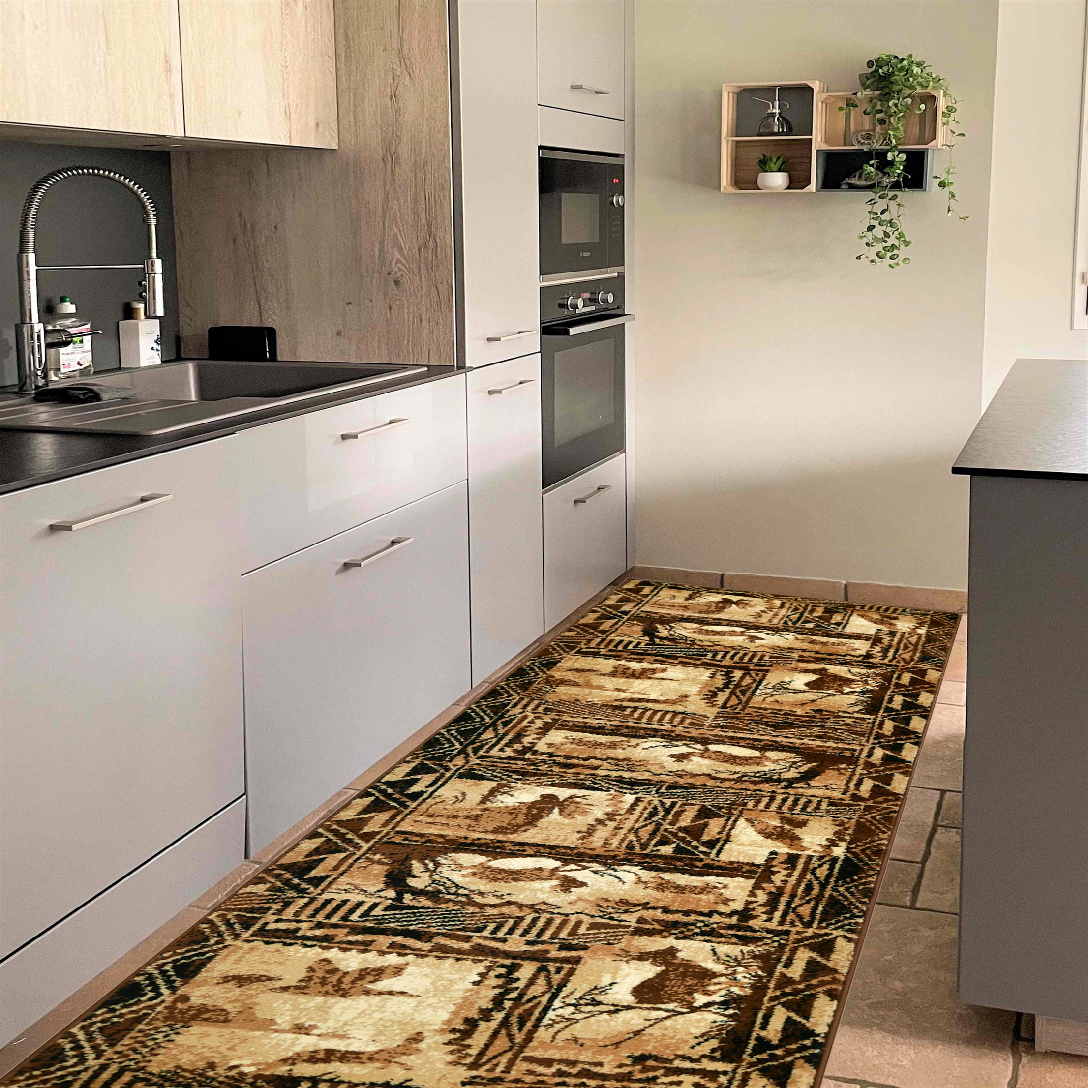 Lodge Cabin Nature and Animals Area Rugs 2x7 Runner Nature Pattern Cabin Area RugAbstract, Chocolate Brown/Beige-Rabbit/Deer/Moose/Birds