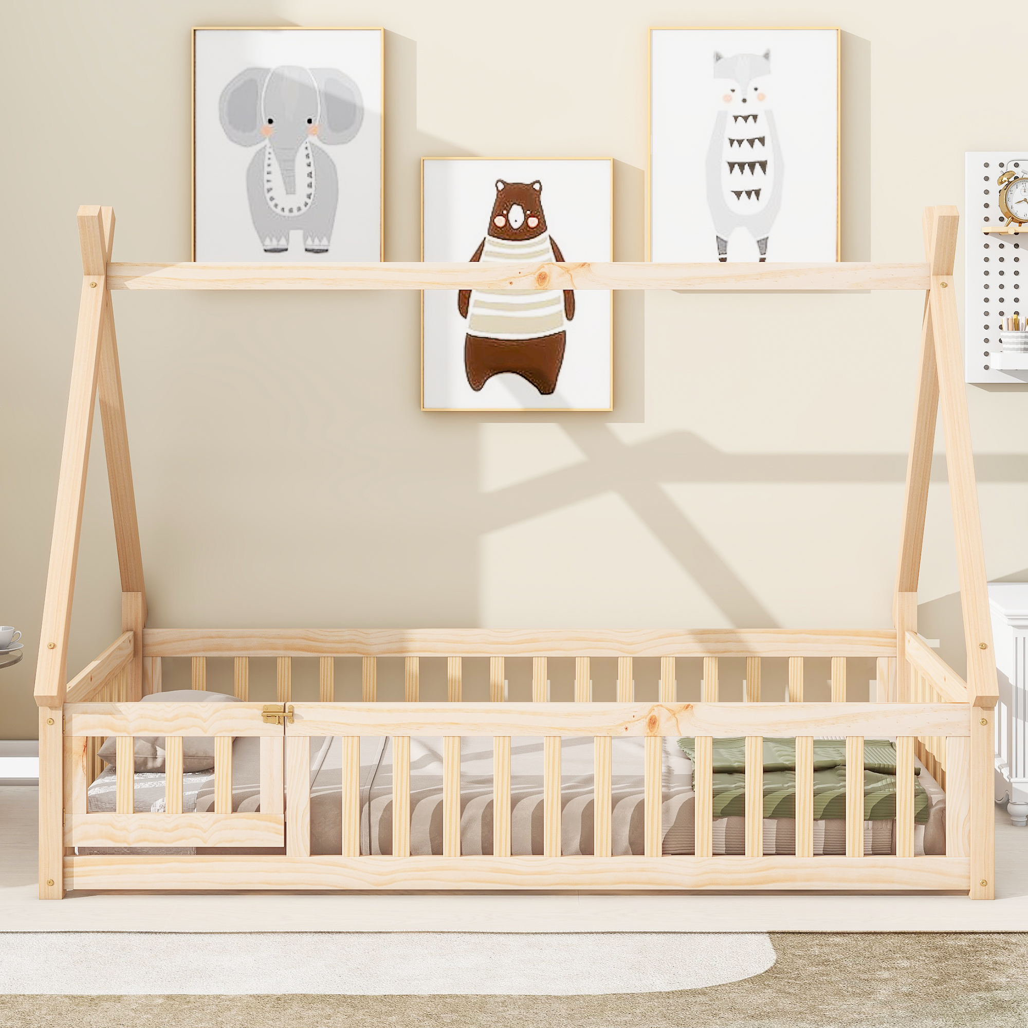 Twin Floor Bed for Kids, PAPROOS Wood Twin Size House Toddler Floor Bed with Fence and Door, Twin Size Playhouse Floor Bed, Kids House Fence Bed Wood Montessori Bed, for Toddler, Boys, Girls, Natural