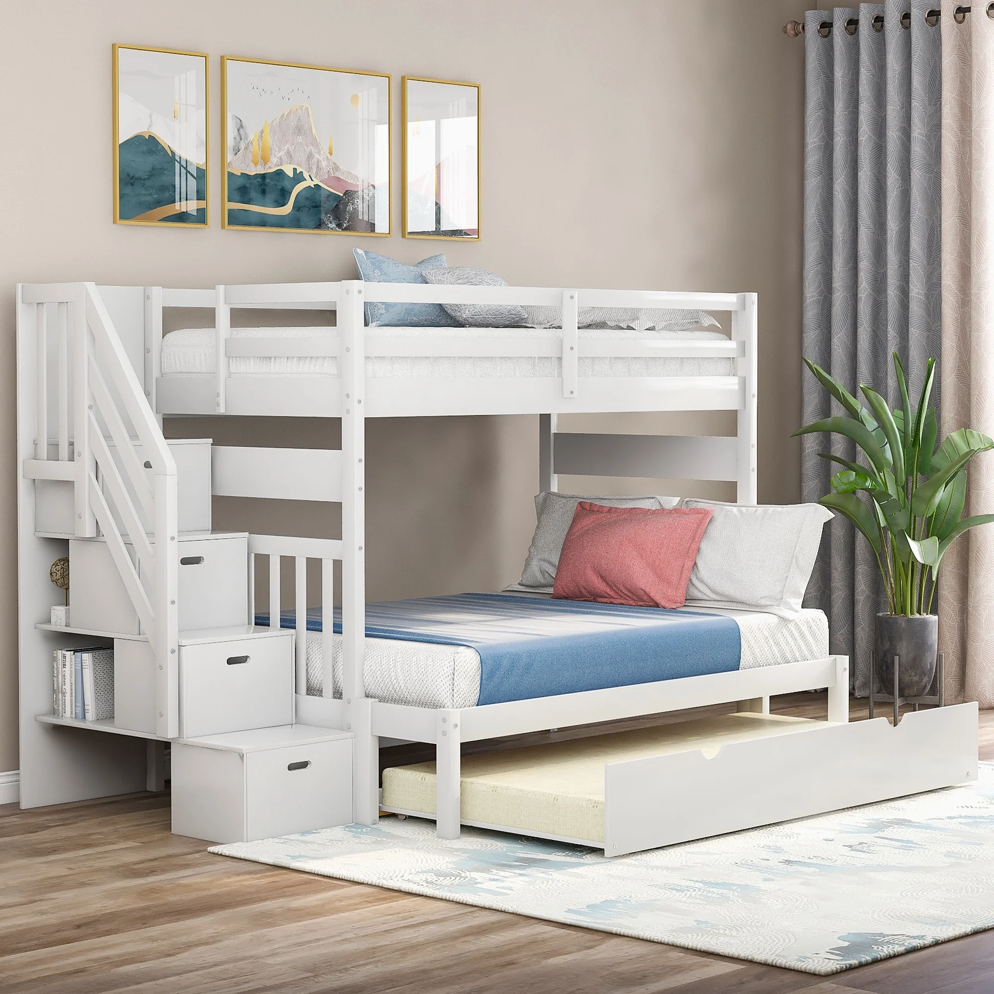 White Twin over Twin/Full Bunk Bed with Twin Size Trundle