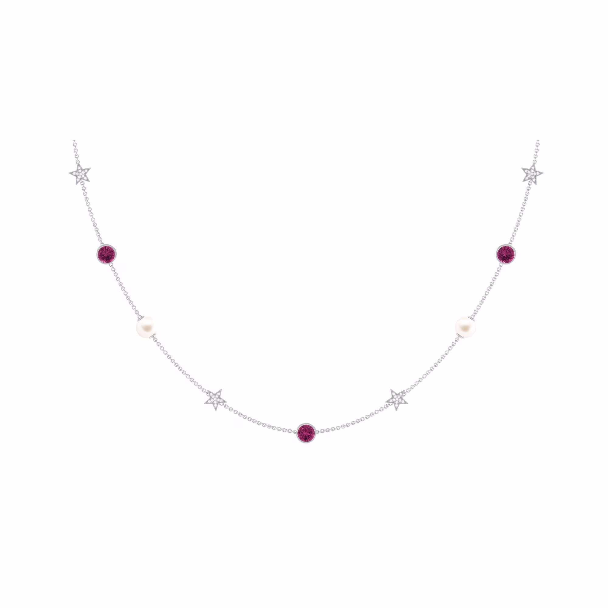 White Pearl Station Chain Necklace for Women with Tourmaline, AAAA Grade, 925 Sterling Silver
