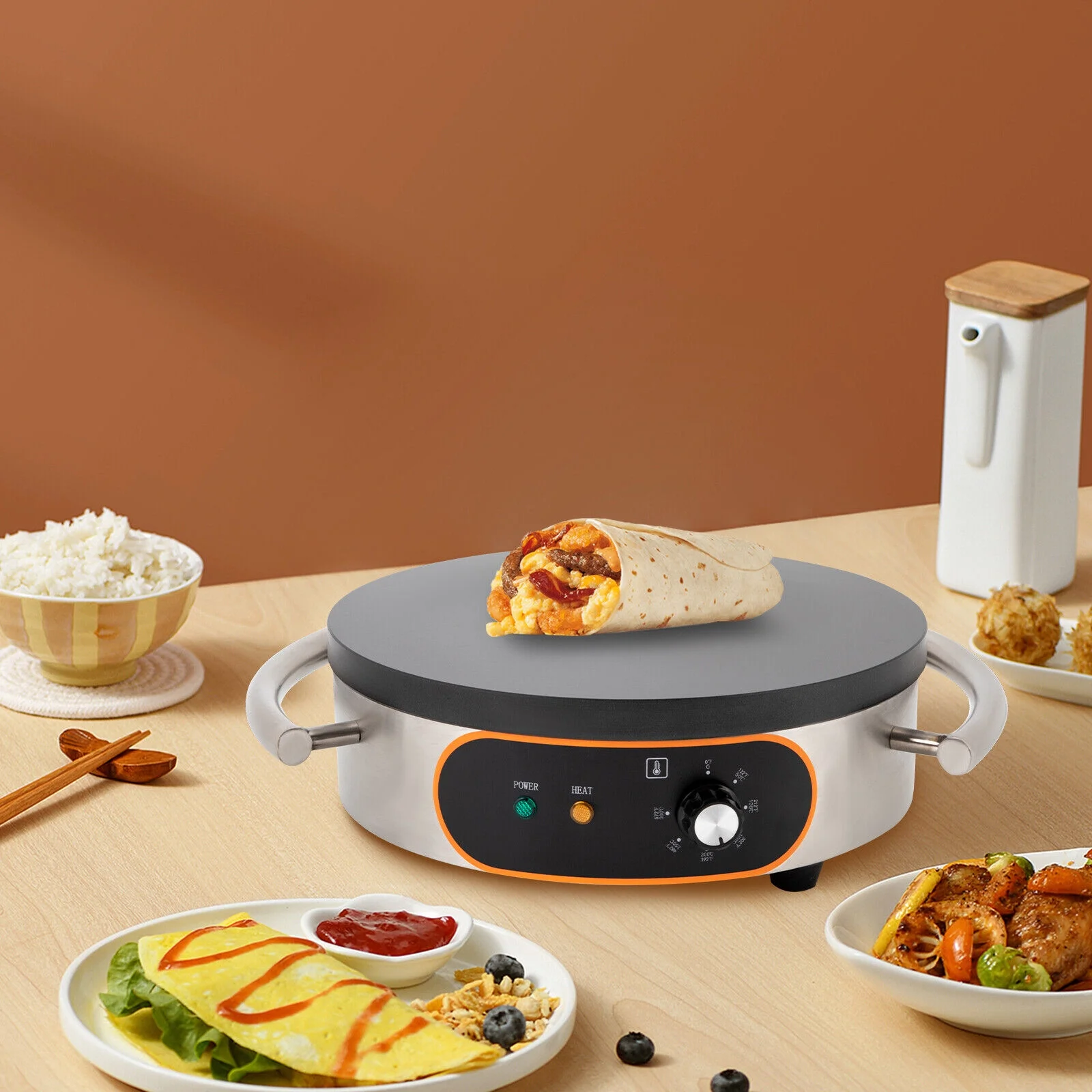 Professional Crepe Maker Machine Electric Frying Pan Griddle Pancakes Non-Stick