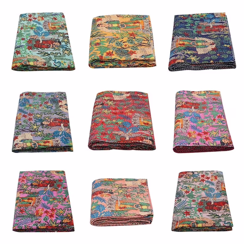 Frida Kahlo Printed Cotton Quilted Blanket Indian Twin Handmade Bedspread Kantha Work Bohemian Bed Decor Throw Blanket
