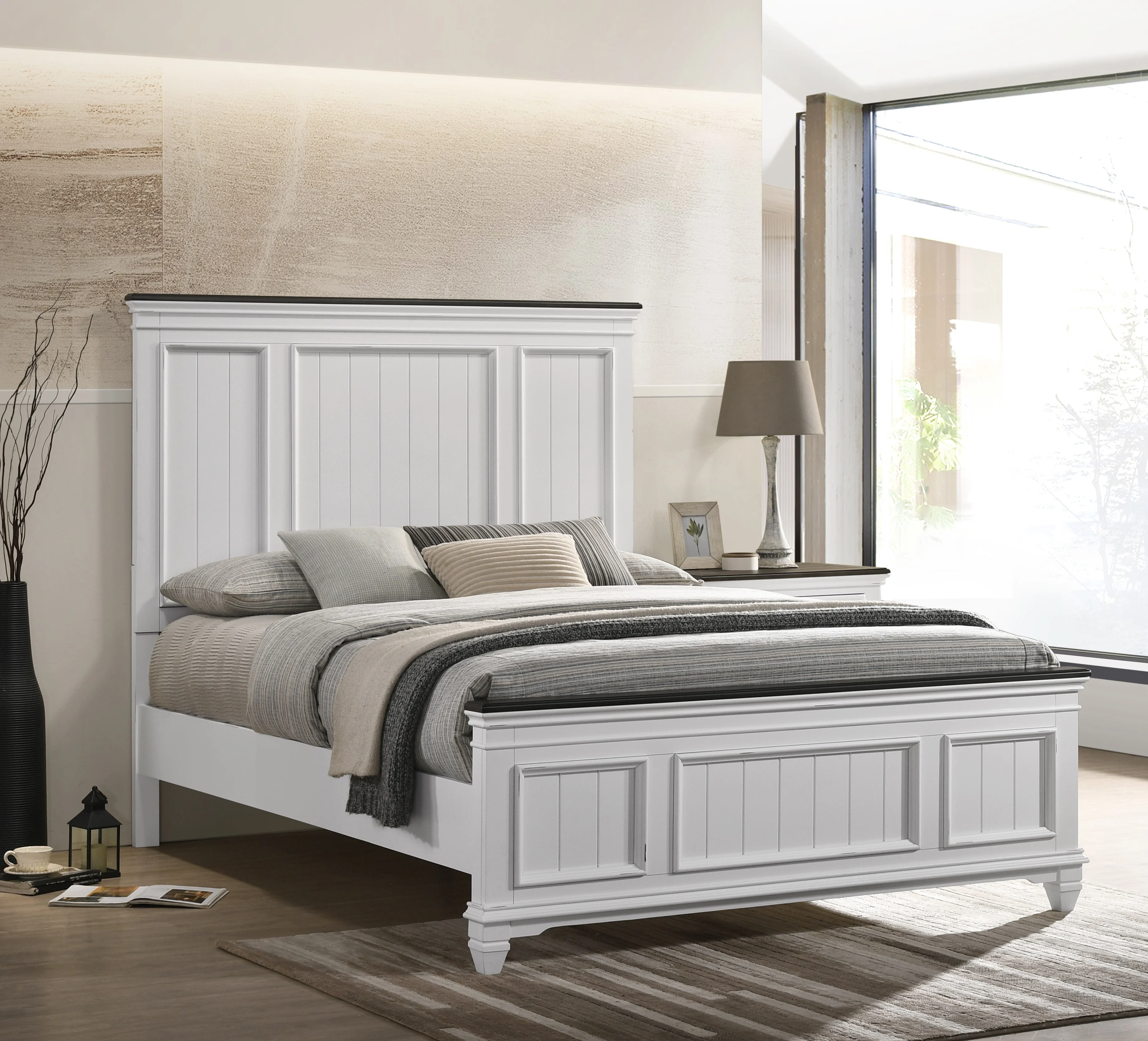 Roundhill Clelane Weathered White and Gray Finished 6-Piece Bedroom Set, Shiplap Panel Queen