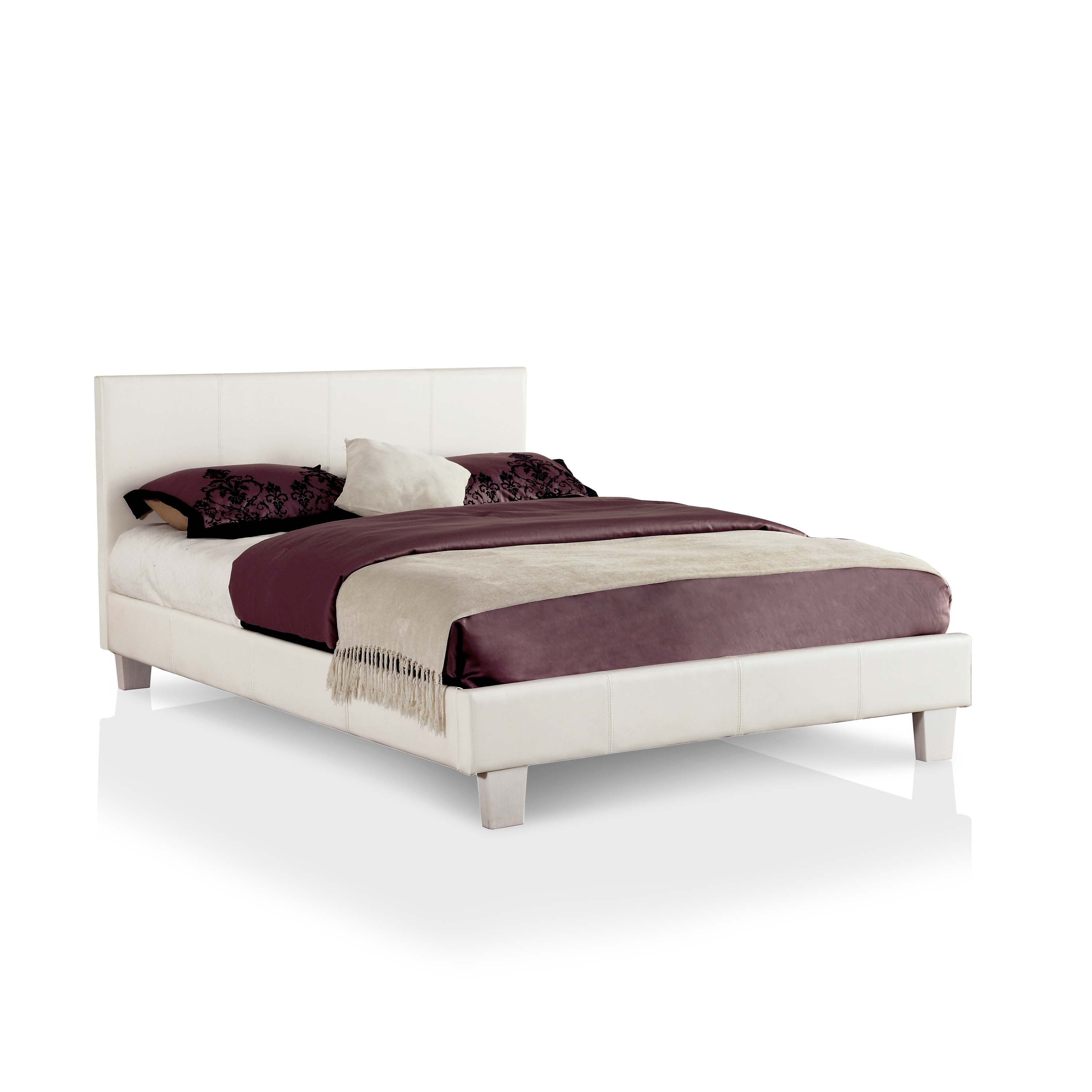 Furniture of America Queen Size Platform Leatherette Bed with 8-Inch Mattress, White (Assembly Required)