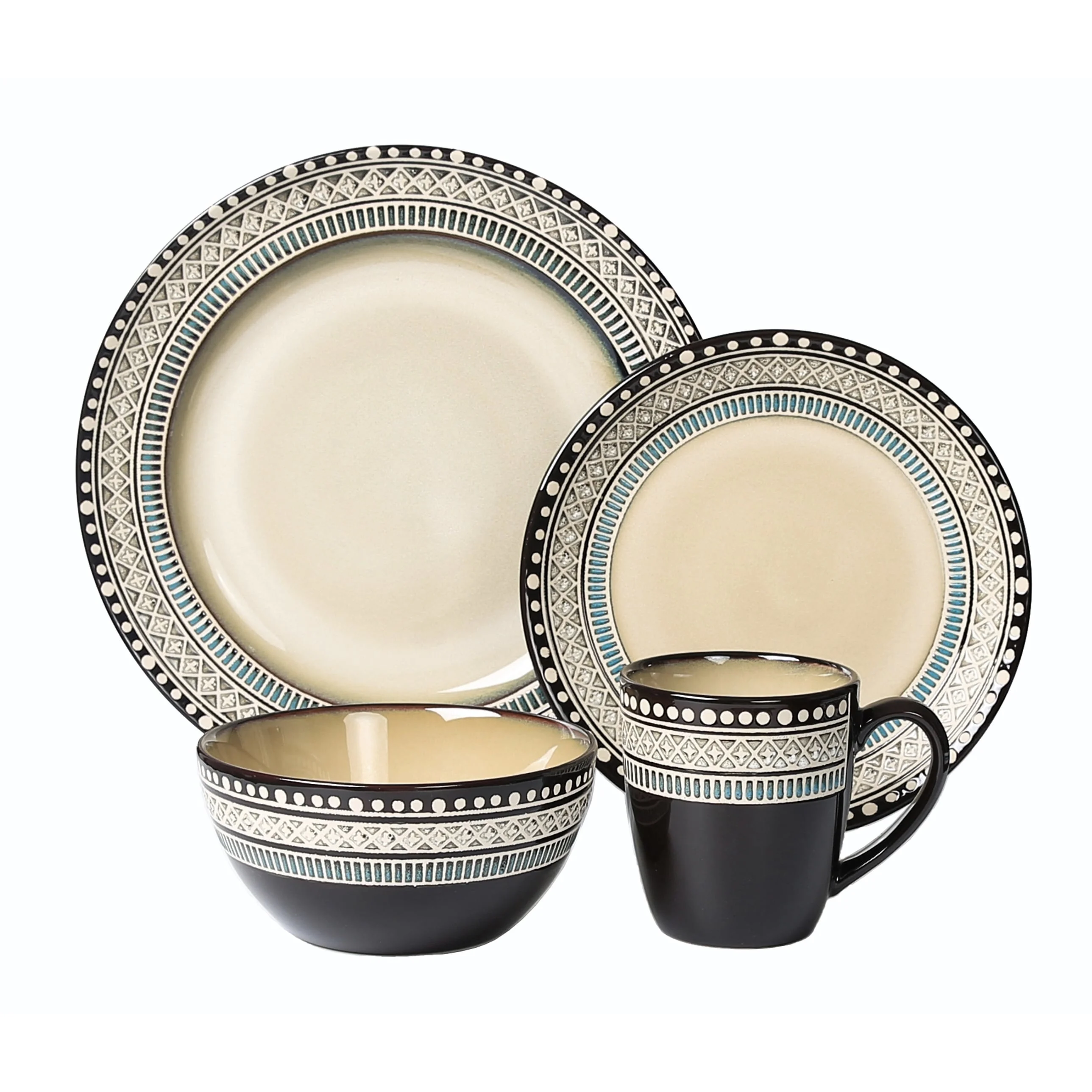 Lorren Home Trends 16 Piece Glazed Dinnerware Neutral and Blue  (Service for 4)