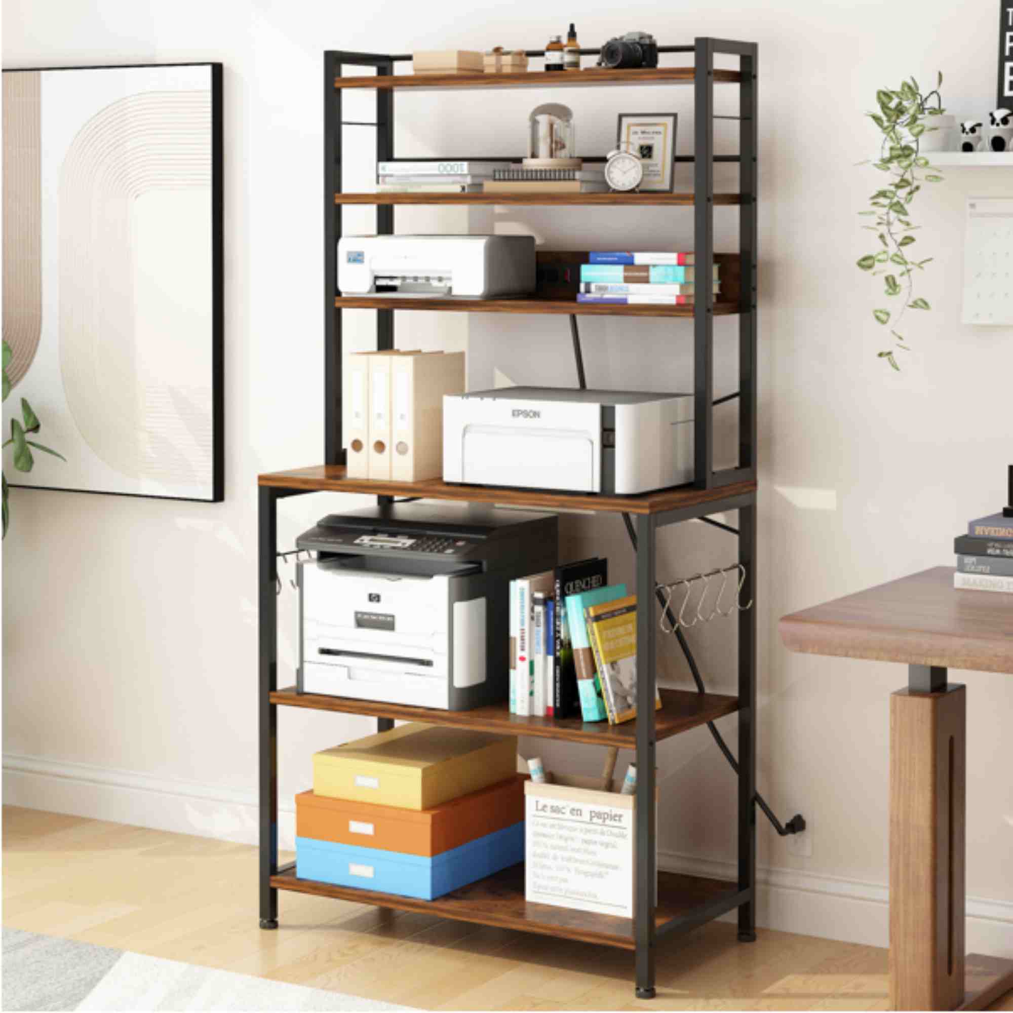 Dinling 6 layers with strips and 10 S hooks, microwave oven rack, 80*40*170cm, retro brown plate, black