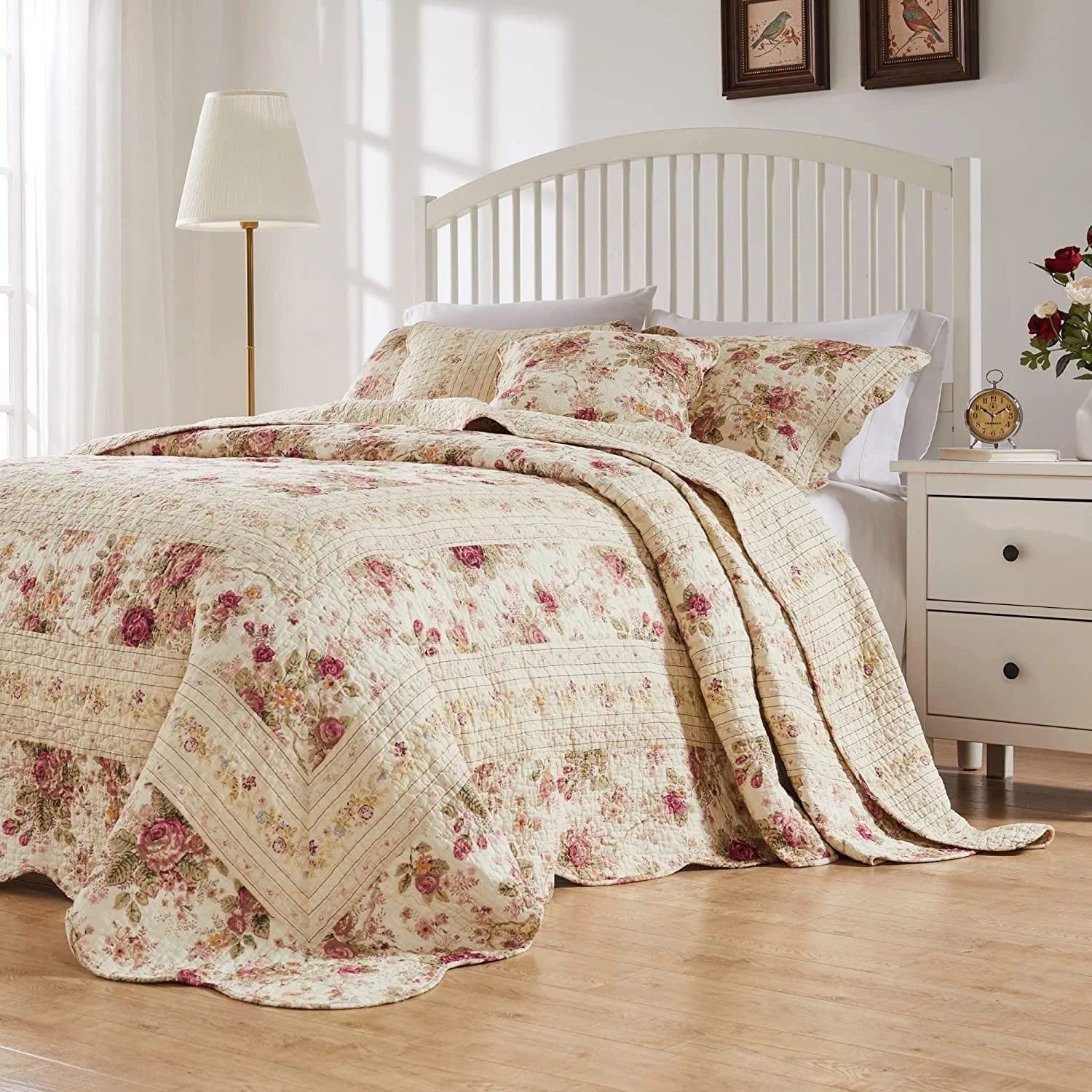 Greenland Home Fashions Antique Rose Shabby Chic Cotton Bedspread Set, Ecru, 3-Piece Queen