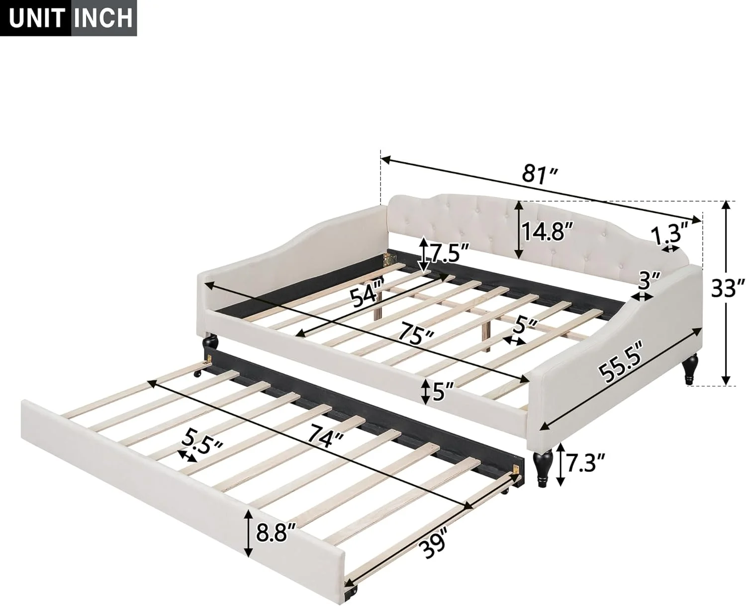 Upholstered Full Daybed Frame With Size Trudle, Moder Lie Butto Tufted Daybed, Woode Full Sofa Daybed Frame For Livig Room, Bedroom, o Box Sprig eeded, Beige, HZG-GX001327AAA