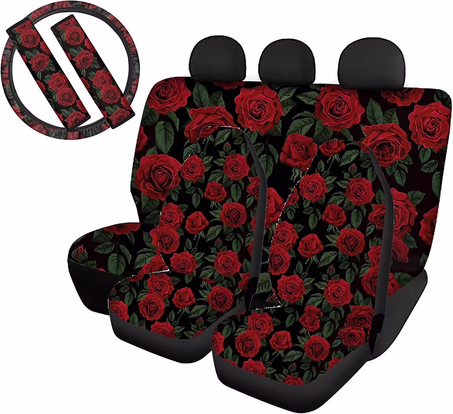 Pzuqiu Red Rose Car Seat Covers for Women Full Set with Steering Wheel Cover Seat Belt Covers 7 Packs,Washable Durable Bucket Seat Cover Protector for Front Rear Seat Universal Fit