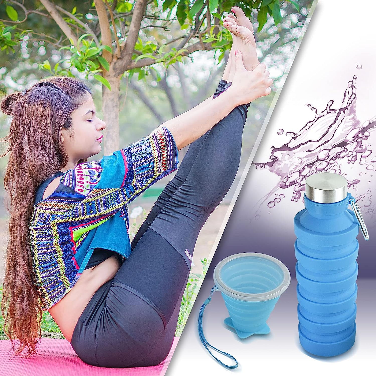 Collapsible Water Bottles, BPA-Free Silicone Travel Mug, Reusable Water Bottle, Cold and Heat Resistant, Leak-Proof Sports Water Bottle Set with Carabiner, Blue/1 Bottle(800ml)+1 Cup(270ml)