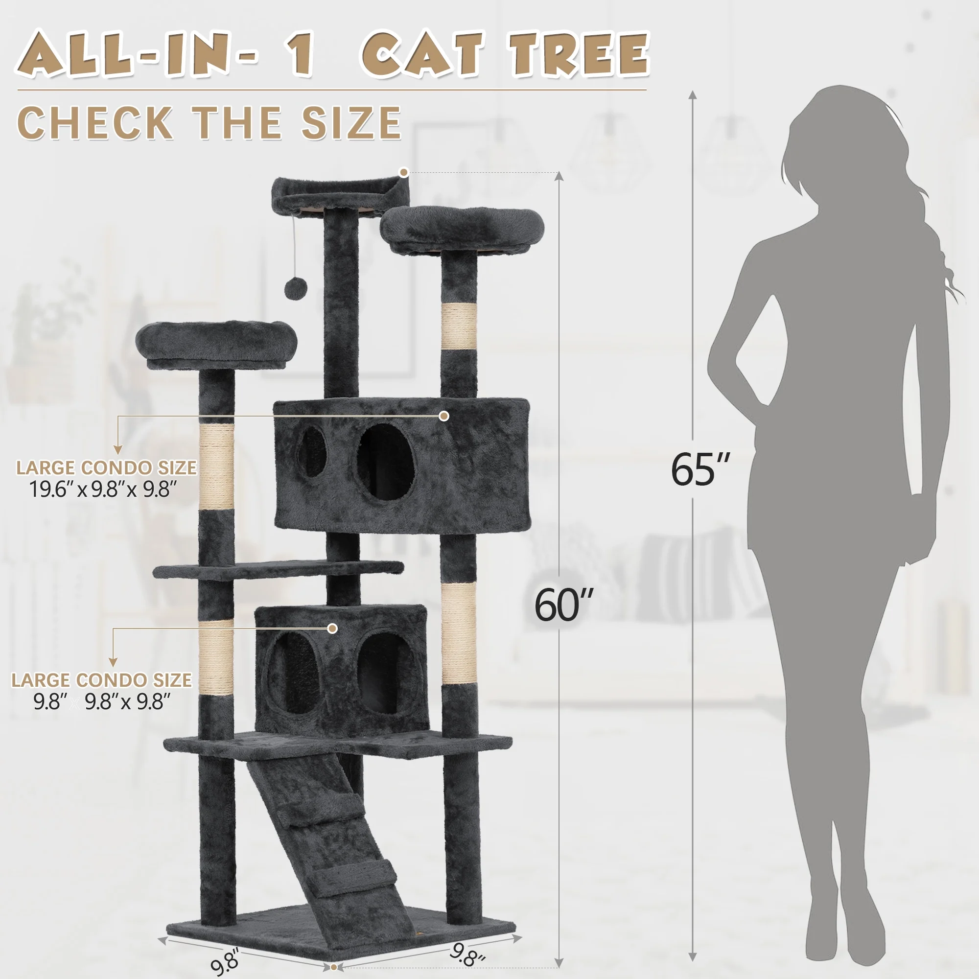 Coziwow 60-in Cat Tree W/ Scratching Post Tower Condo and Perch, Gray