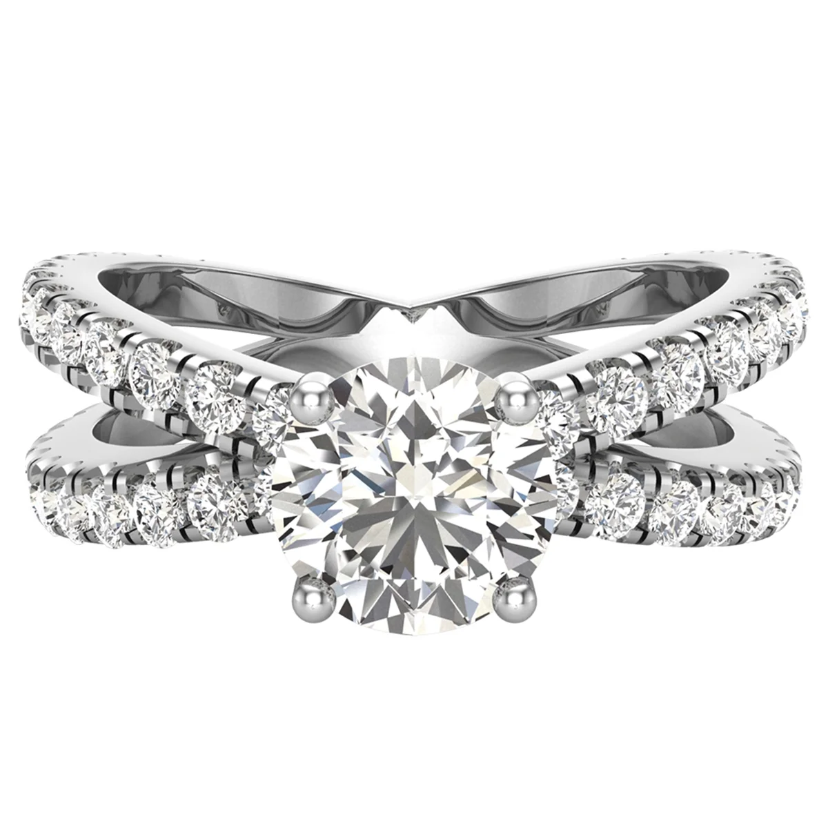 X Cross Split Shank Round Brilliant Diamond Engagement Ring 1.75 CT TW 14K White Gold (H-I,SI1)