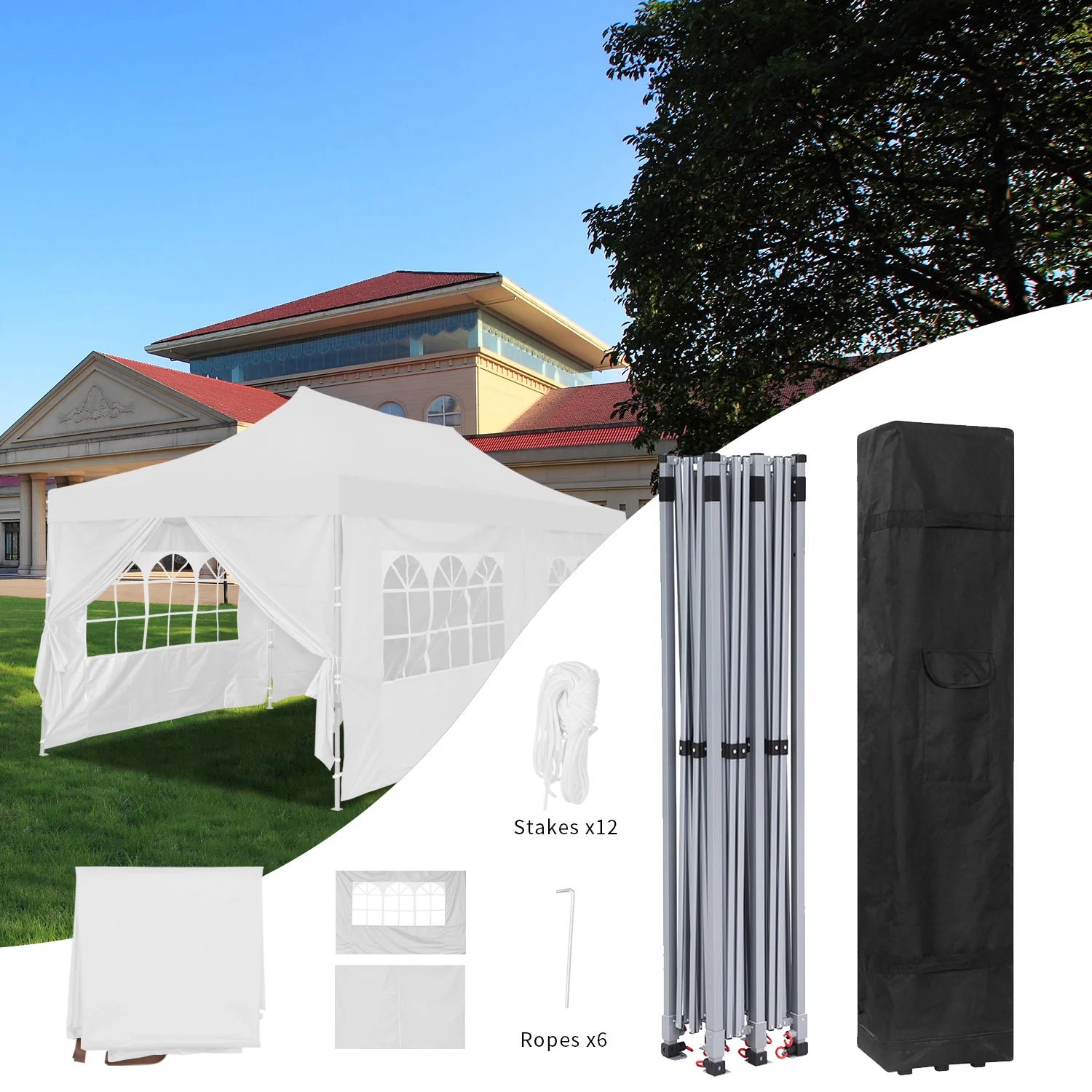 Ainfox 10' x 20' Pop up Outdoor Canopy Tent,  Portable Shade Instant Folding Gazebo Tent with 6 Removable Sidewalls (White)