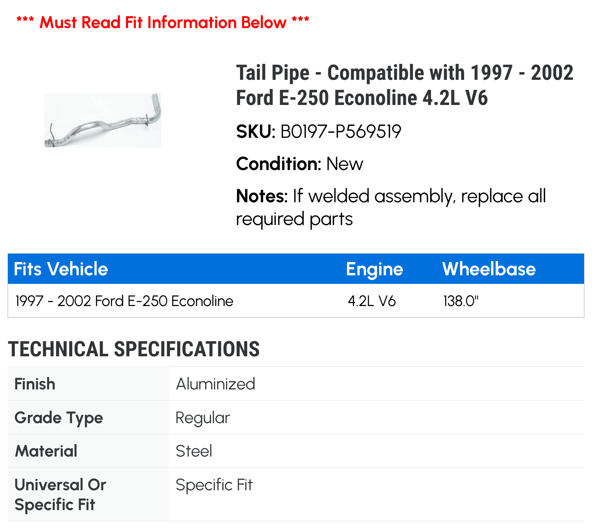 Tail Line - Compatible with 1997 - 2002 Ford E-250 Econoline 4.2L V6 1998 1999 2000 2001