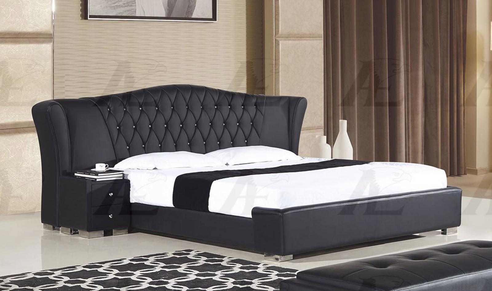Black PU Queen Size Bed and 2 Nightstands Set 3Pcs American Eagle B-D028