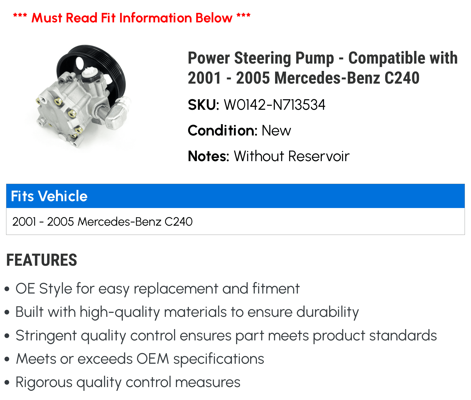 Power Steering Pump - Compatible with 2001 - 2005 Mercedes-Benz C240 2002 2003 2004