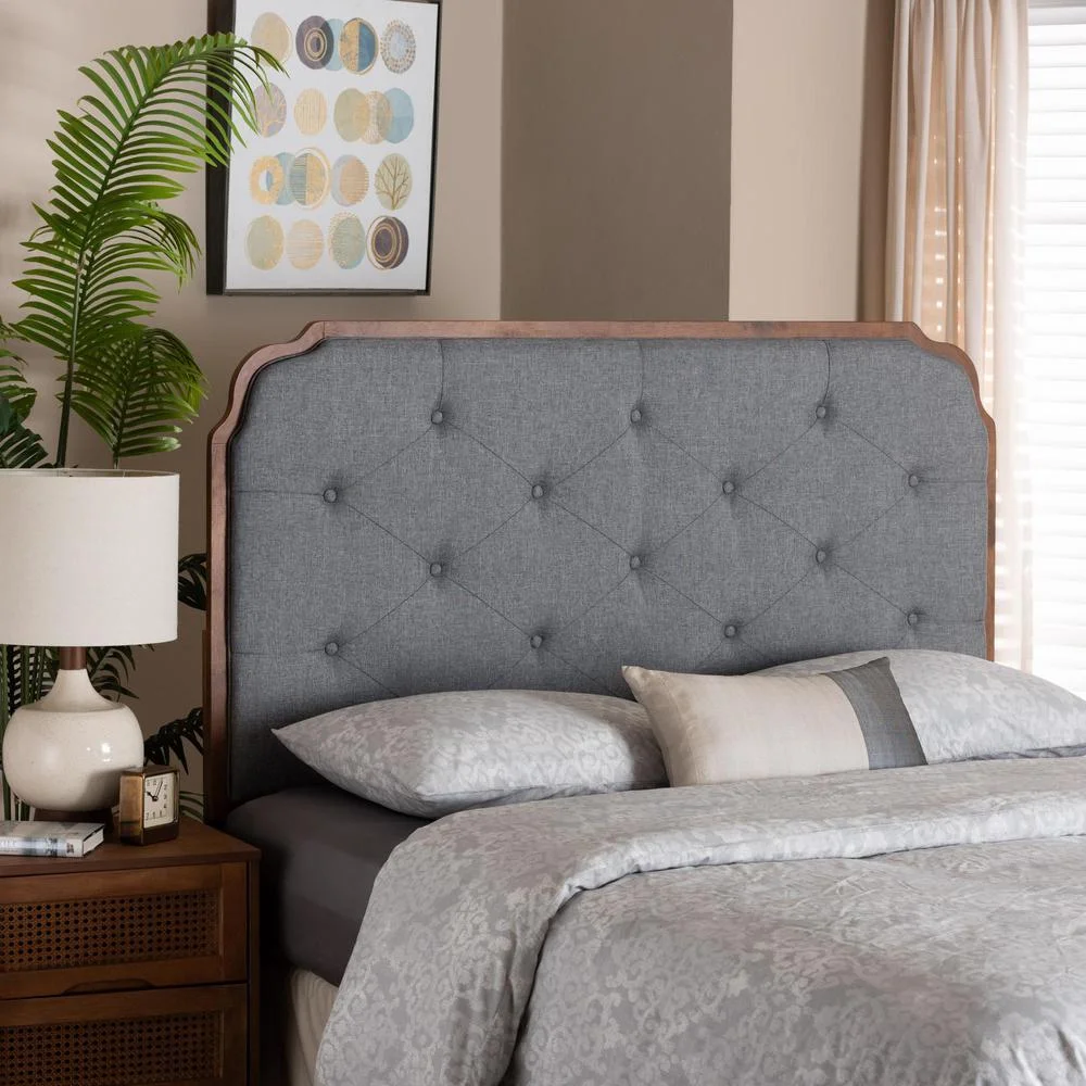Baxton Studio Shanti Gray Fabric and Walnut Brown Wood Queen Size Headboard