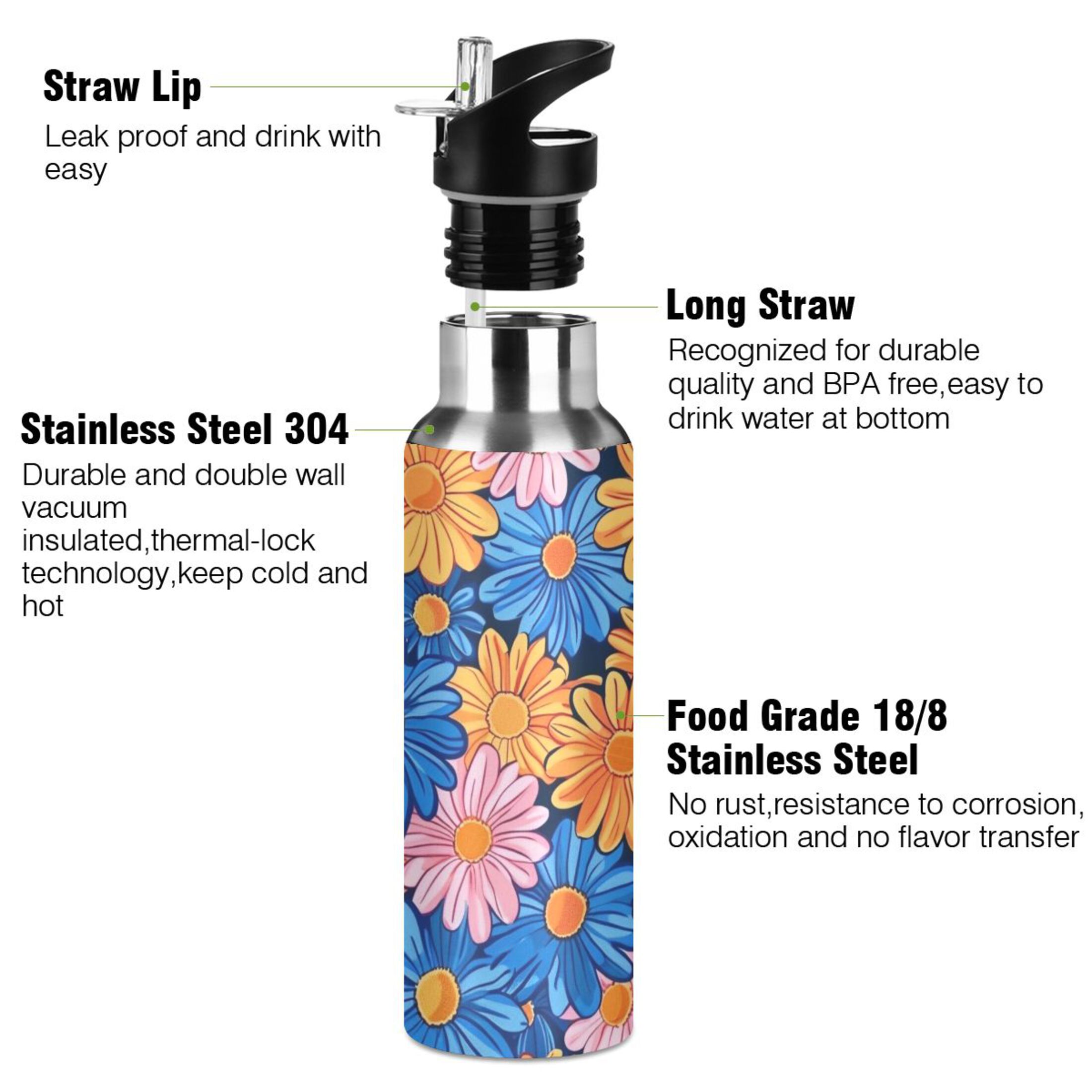 Orange and Blue Flowers Water Bottles Insulated Thermos Kids Stainless Steel Bottle with Straw Lid Flask Leakproof for Sports Gym 20 oz