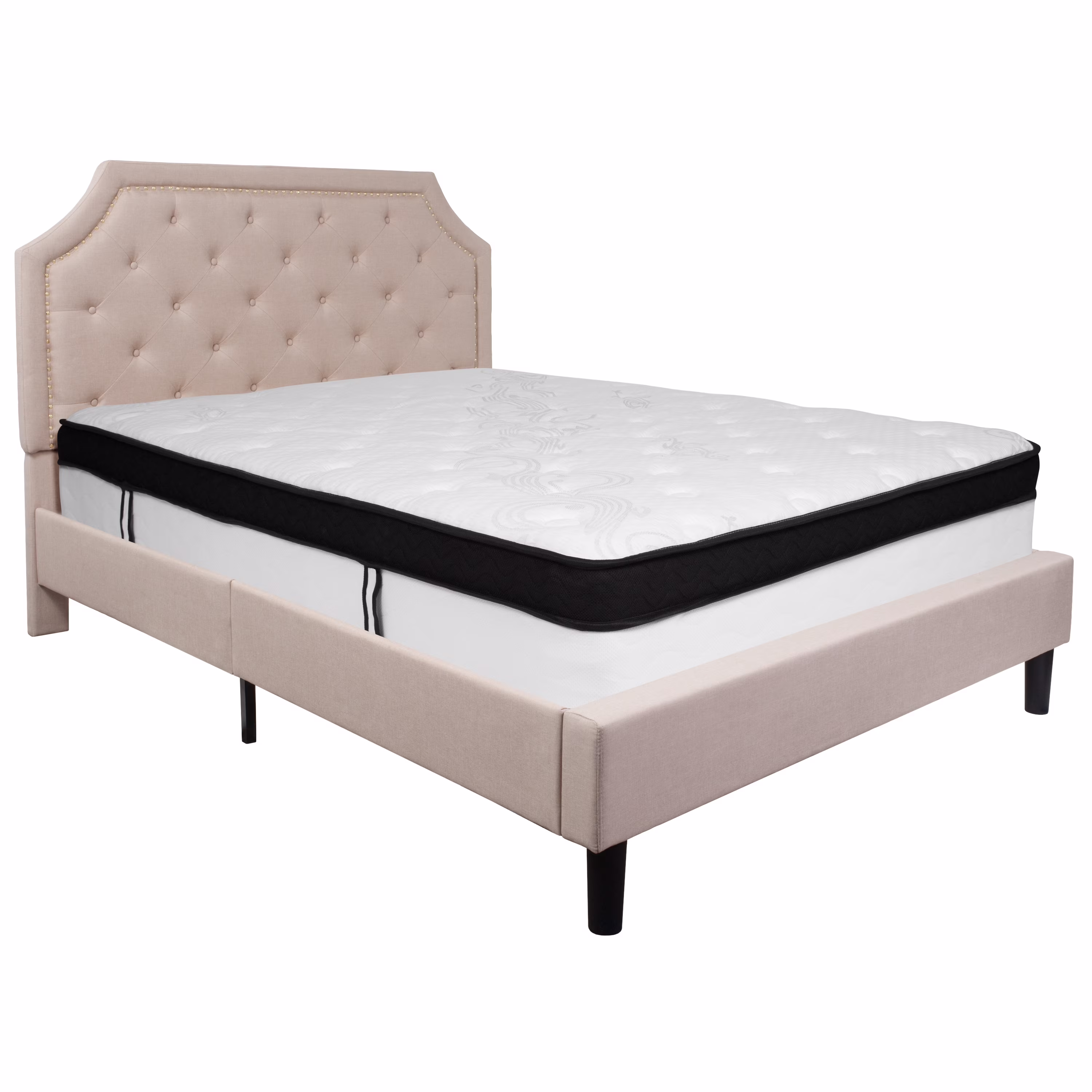Flash Furniture Brighton Queen Size Tufted Upholstered Platform Bed in Beige Fabric with Memory Foam Mattress