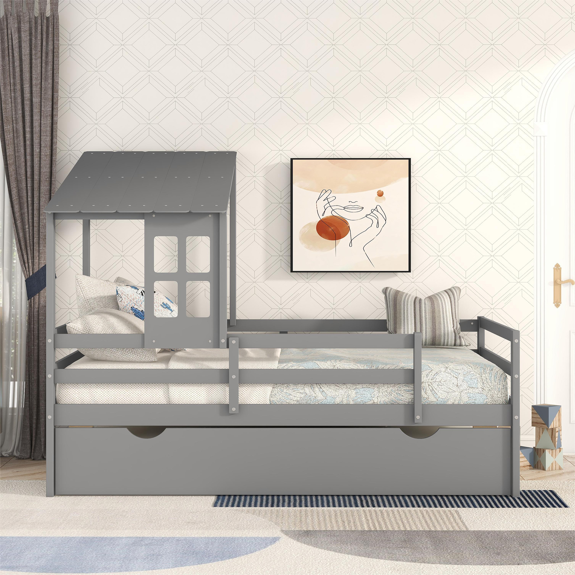 Euroco Wood House Platform Bed with Roof and Trundle for Kids Bedroom, Semi-Close House Bed with Roof and Window, Gray