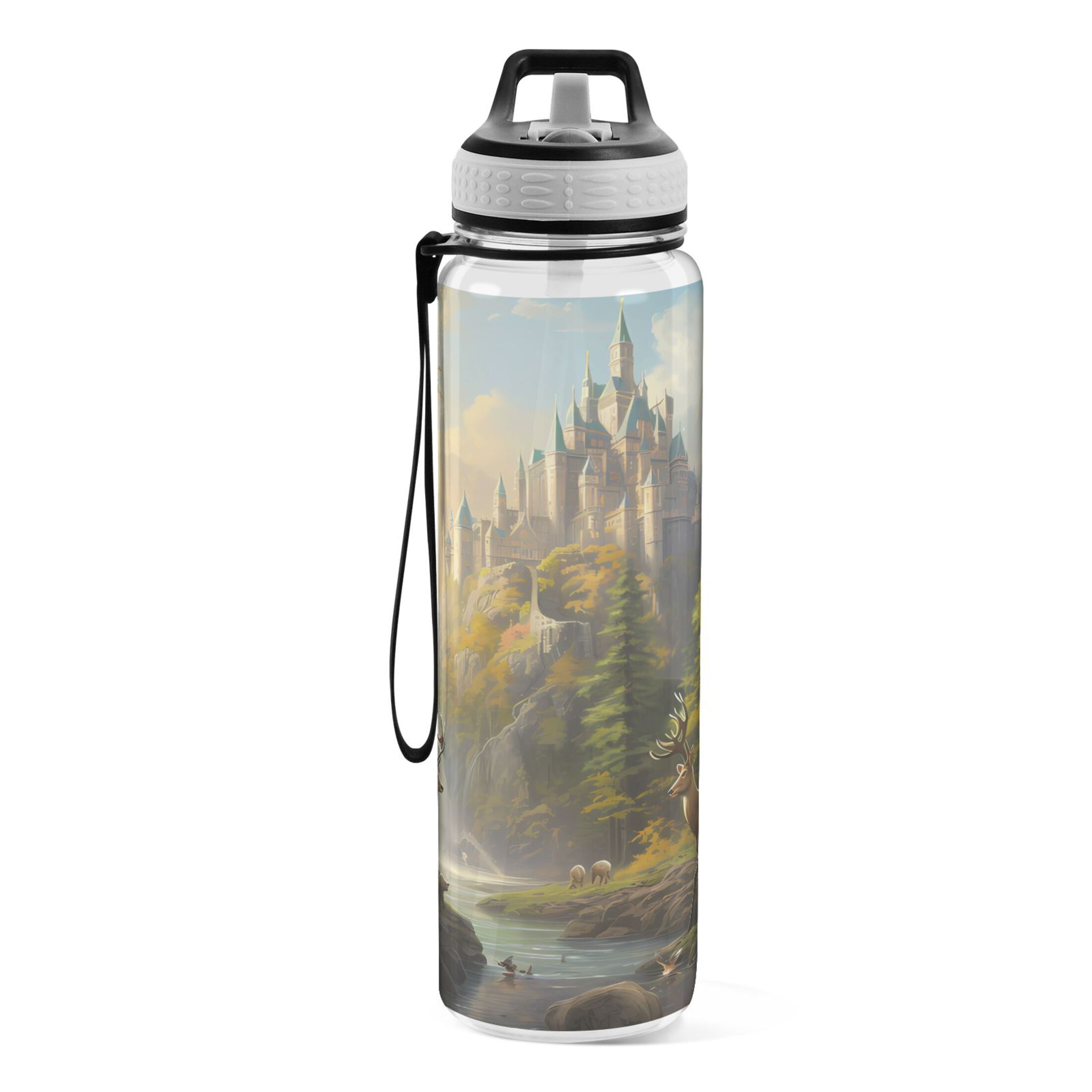 Deers in Magic Landscape 32oz Water Bottles with Straw Tritan Leakproof Sports Bottle BPA Free Clear for Fitness Gym Swimming Cycling