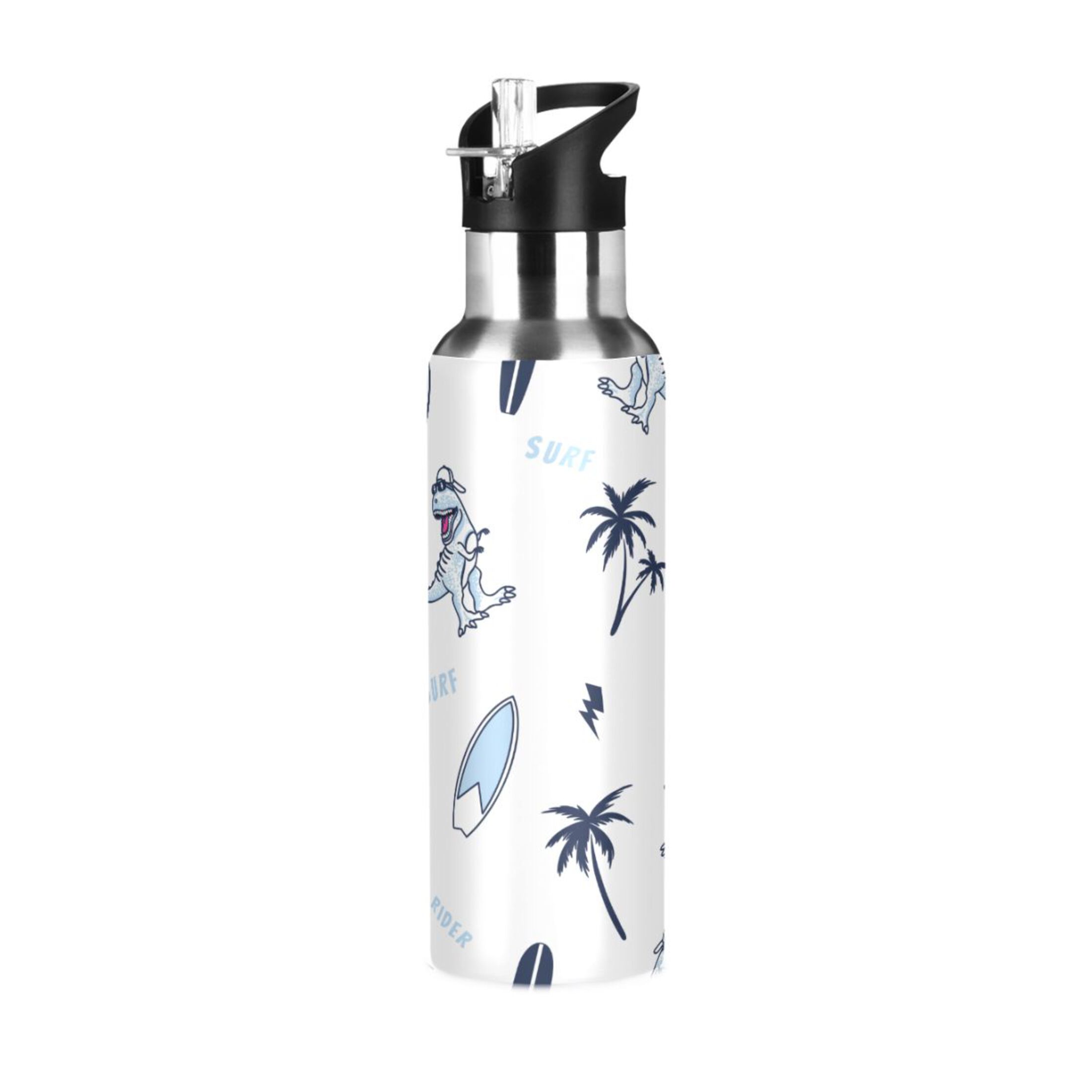 Water Bottle with Straw Lid Leak Cute Surfing Dinosaur Stainless Steel Insulated Thermos Vacuum Flask for Cold Hot Drinking for Sports Camping Gym Yoga