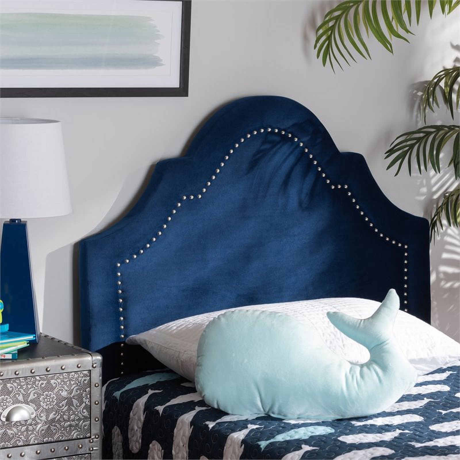 Bowery Hill Modern Velvet and Wood Twin Headboard in Navy Blue