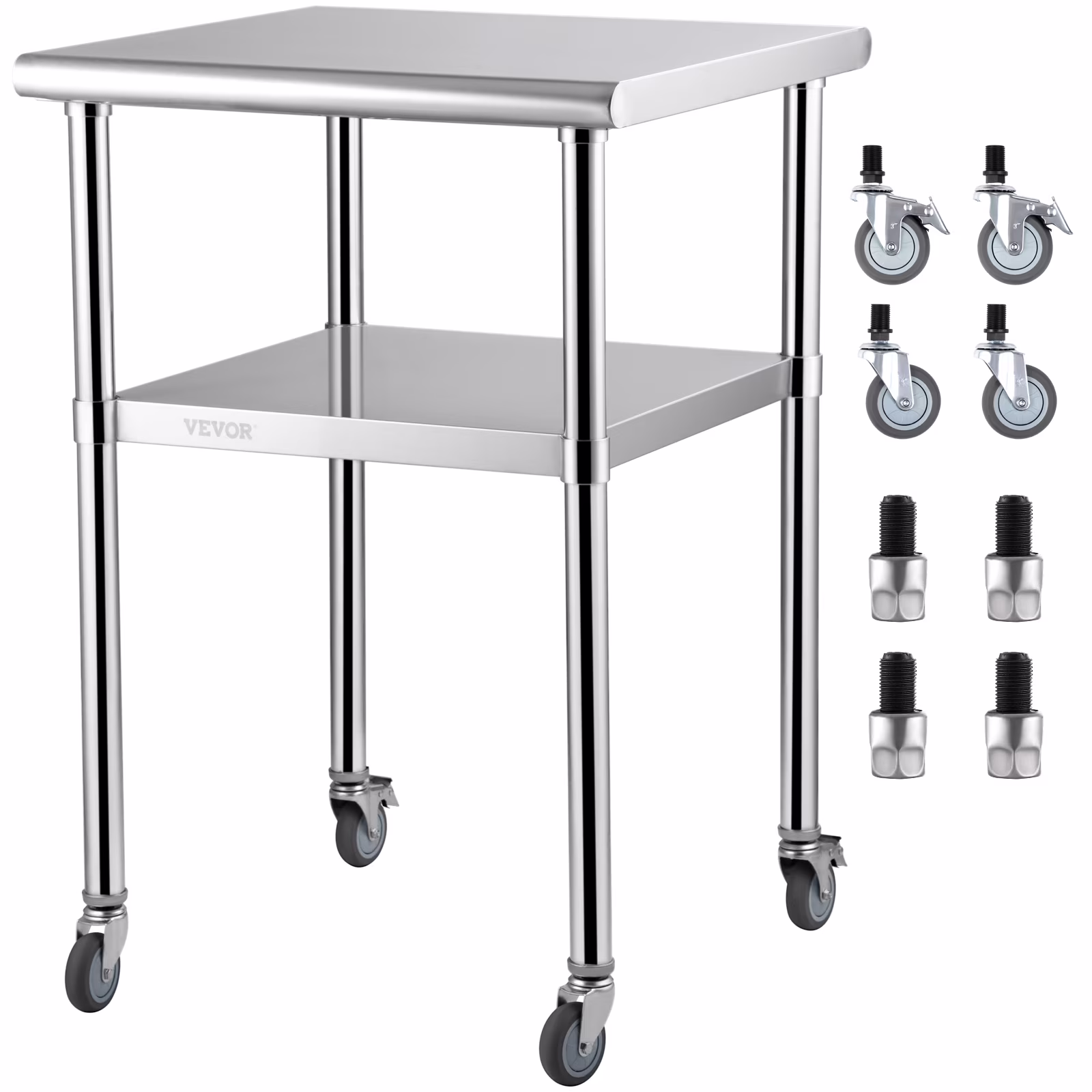 VEVOR Stainless Steel Prep Table, 24 x 24 x 36 inch, 600lbs Load Capacity Heavy Duty Metal Worktable with Adjustable Undershelf & Universal Wheels, Commercial Workstation for Kitchen Garage Backyard