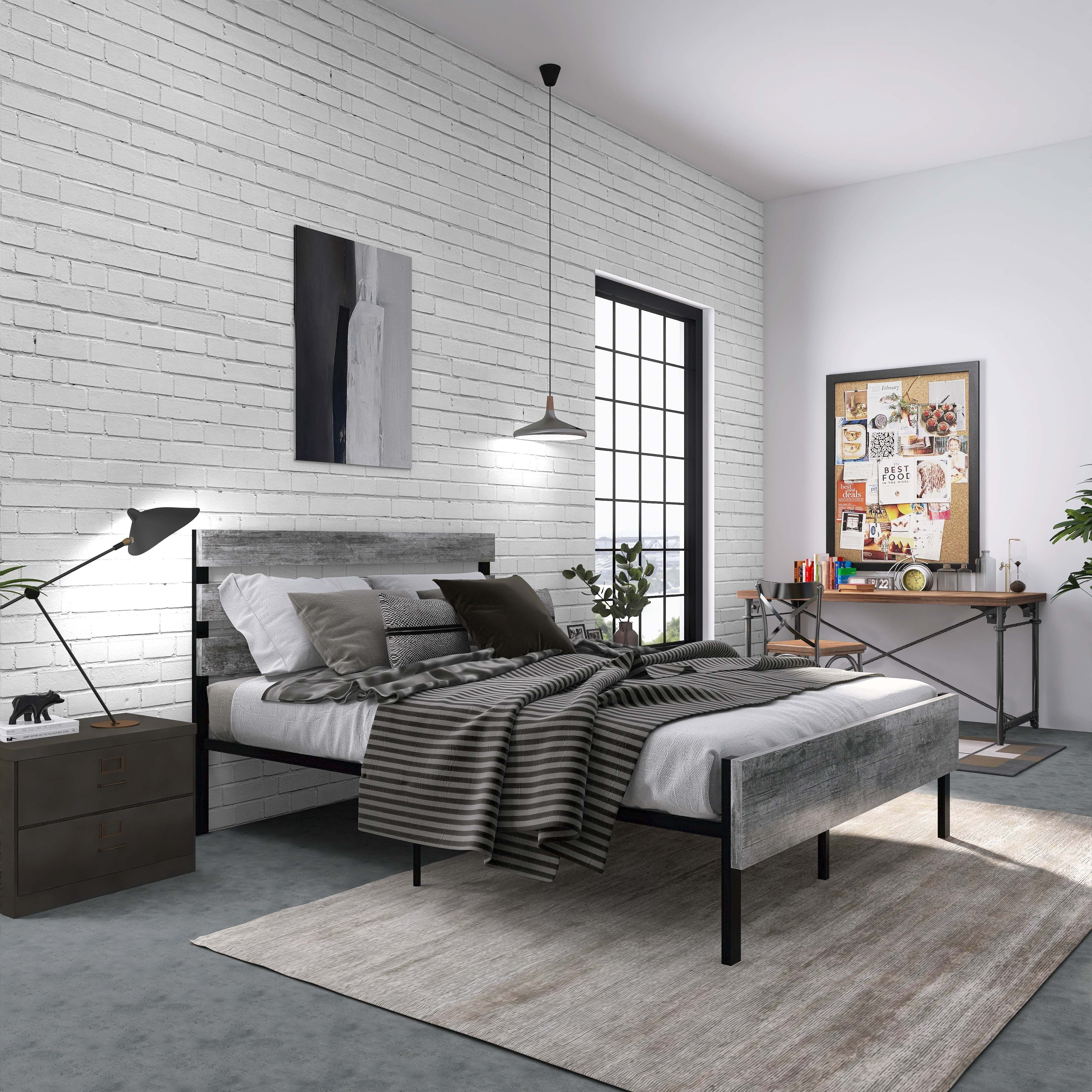 HESTINYSUS Metal and Wood Platform Bed Frame/No Box Boxes/Plate Support/Easy to Assemble/Queen Size/Gray