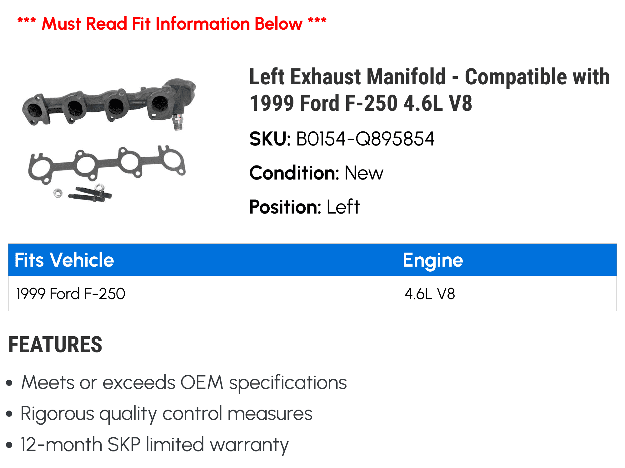 Left Exhaust Manifold - Compatible with 1999 Ford F-250 4.6L V8