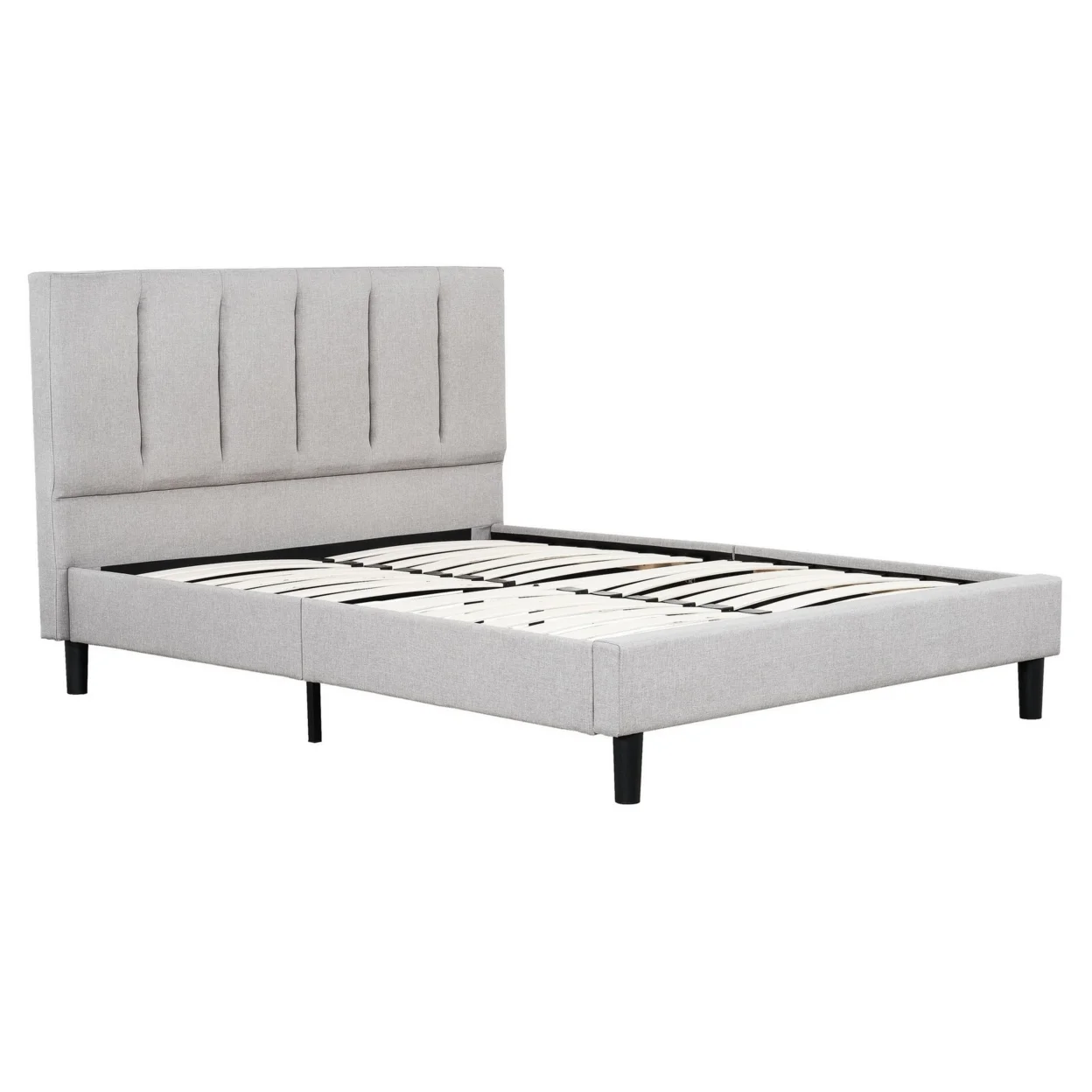 Heli Queen Bed, Gray Linen Upholstered Frame, Vertical Tufted Headboard- Saltoro Sherpi