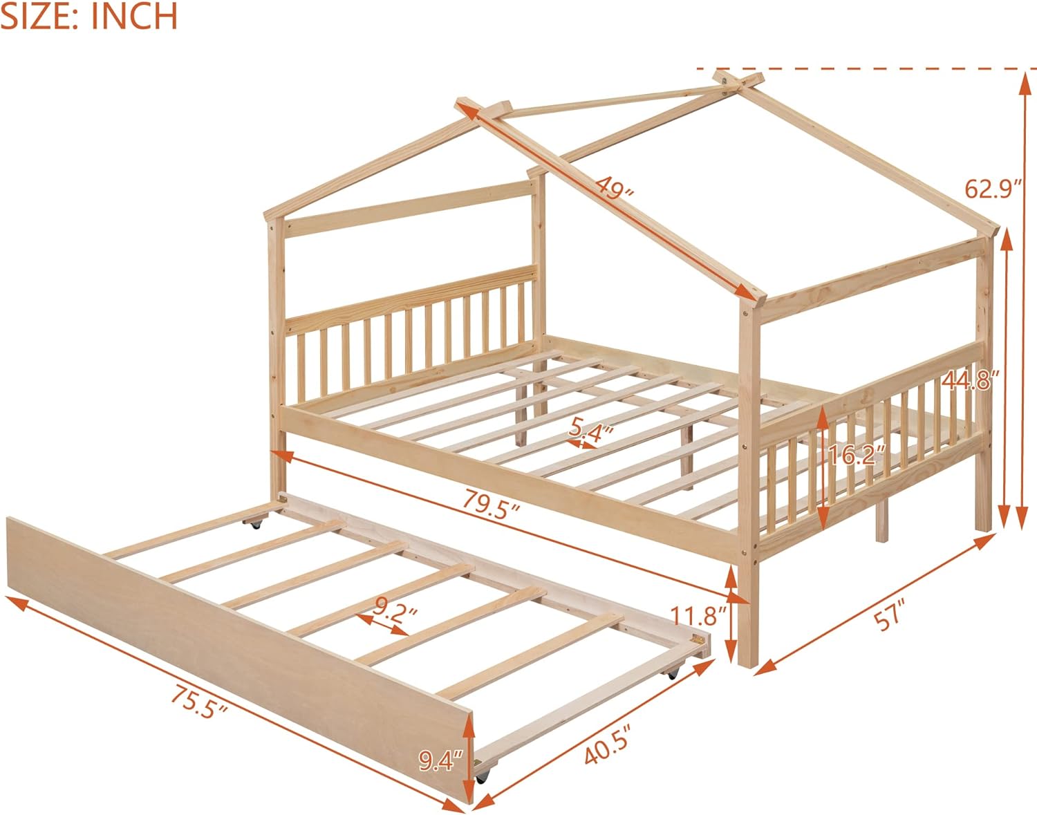 Full House Bed With Trundle Wooden Bed Frame With Roof