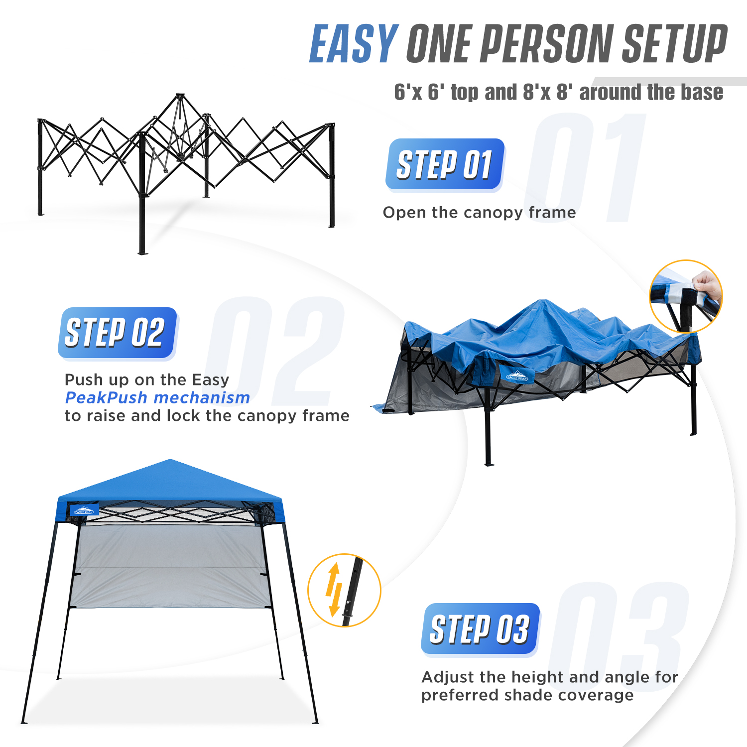 EAGLE PEAK 8 x 8 x 7.22 ft Slant Leg Lightweight Compact Portable Canopy w/ Backpack