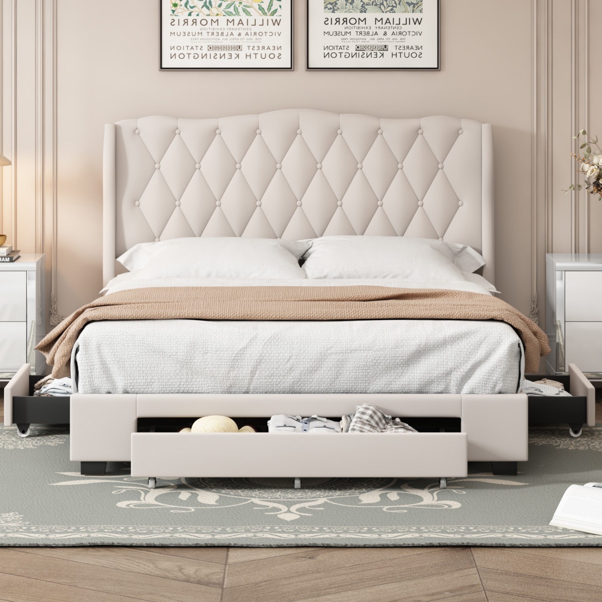 Dawn Whisper Upholstered Queen Size Platform Bed with Tufted Headboard and 3 Drawers, Velvet Fabric, Beige