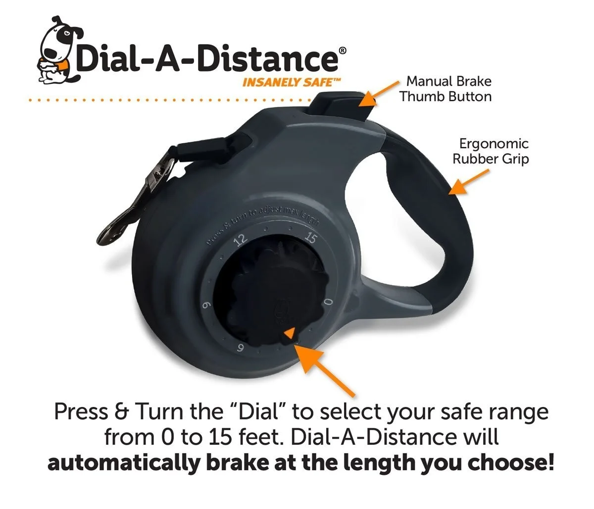 Dial-A-Distance Adjustable Retractable Dog Leash, Medium