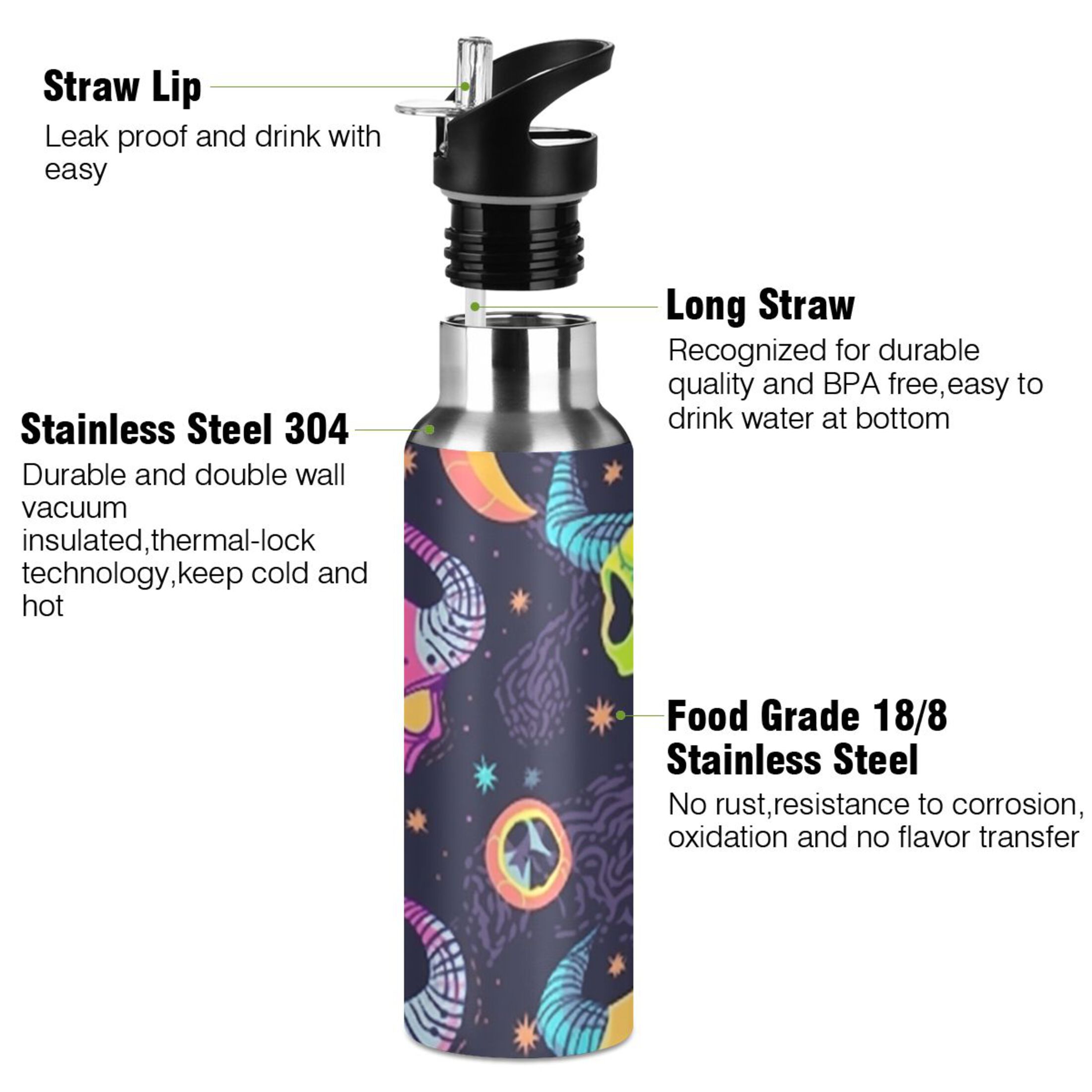 Magic Sheeps Devil with Moon Water Bottles Insulated Thermos Kids Stainless Steel Bottle with Straw Lid Flask Leakproof for Sports Gym 20 oz